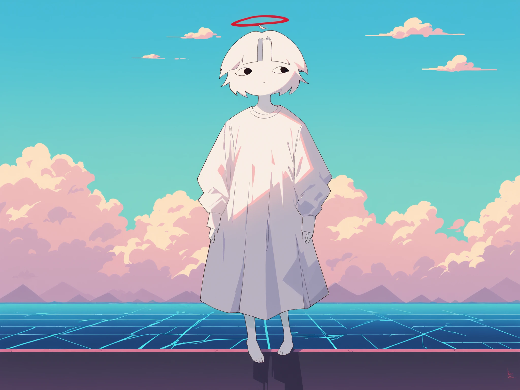 score_9, score_8_up, score_7_up, chewart,  1girl, solo, white skin, short hair, white hair, red halo, white dress, barefoot, standing, thin body, Vaporwave, scenery, clouds, sky, heaven, outdoors, pillars, blue sky, 