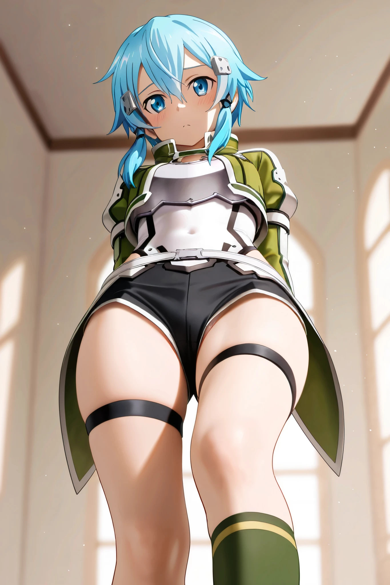 ultra-detailed,best quality,masterpiece,ultra-detailed,high resolution,extremely detailed CG,perfect anatomy,detailed,cinematic lighting,beautiful detailed eyes,ultra high res,1girl,(18 years old:1.4),gleaming skin,oil skin,sweat,humid,trembling,strong light coming in,spot lighting,bright,clothed,nsfw,(cameltoe:1.2),(love juice:0.5),frown,angry,contemptuous,disdain,(hate:1.4),(blush:0.4),looking down,(from below:1.6),Solus_SAO_A, sinon,