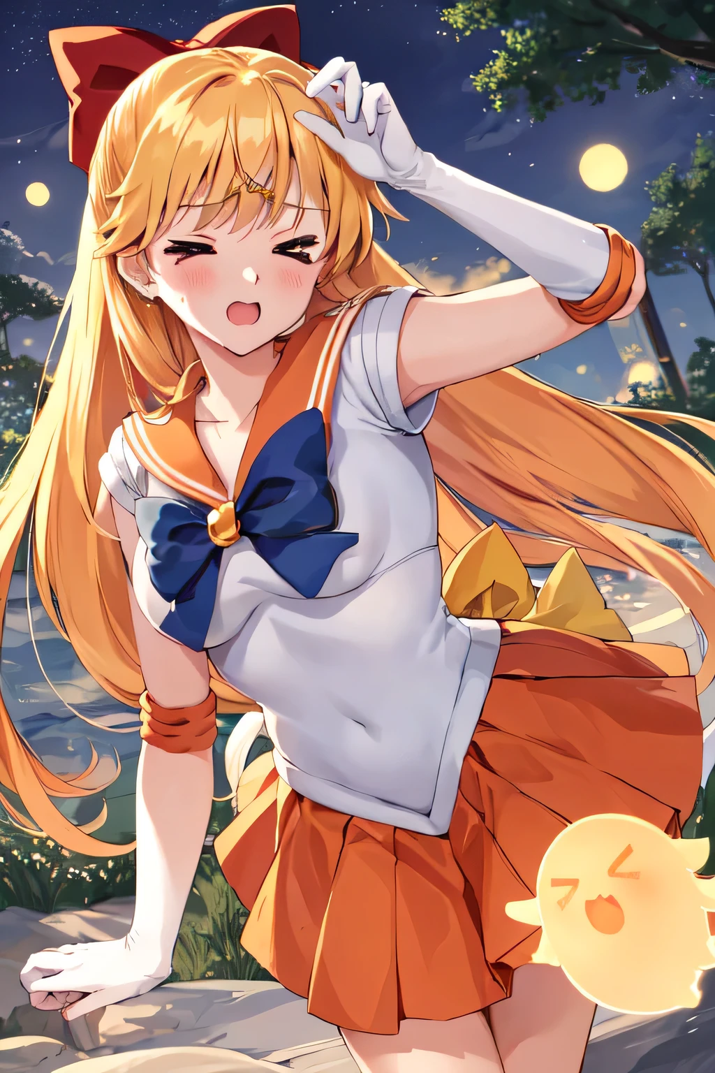 Masterpiece, top quality, Ultra Detailed, 8K, Anime, full front, (Sailor Venus), 1girls, breath, running away from cute ghost to viewer's direction:1.3, many cute ghost:1.4, orange sailor, no sleeve, white long globe, orange pleated skirts, blonde long hair with red ribbon, red Hair bow, sweat, (> <:1.2), midnight, forest, ground