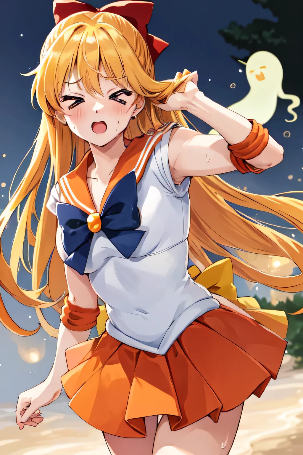 Masterpiece, top quality, Ultra Detailed, 8K, Anime, full front, (Sailor Venus), 1girls, slightly panic, running away from cute ghost to viewer's direction:1.3, many cute ghost:1.2, many many ghost:1.2, orange sailor, no sleeve, orange pleated skirts, blonde long hair with red ribbon, red Hair bow, sweat, (> <:1.2), midnight, forest background
