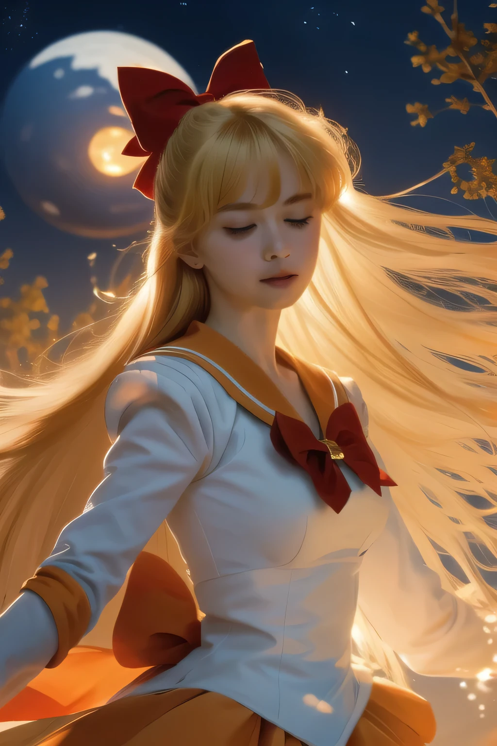 Masterpiece, top quality, Ultra Detailed, 8K, Anime, full front, (Sailor Venus), 1girls, breath:1.1, running away from cute ghost to viewer's direction:1.3, many cute ghost:1.4, big ghost, orange sailor, no sleeve, white long globe:1.3, orange pleated skirts, blonde long hair with red ribbon, red Hair bow, sweat, (> <:1.2), midnight, forest, ground