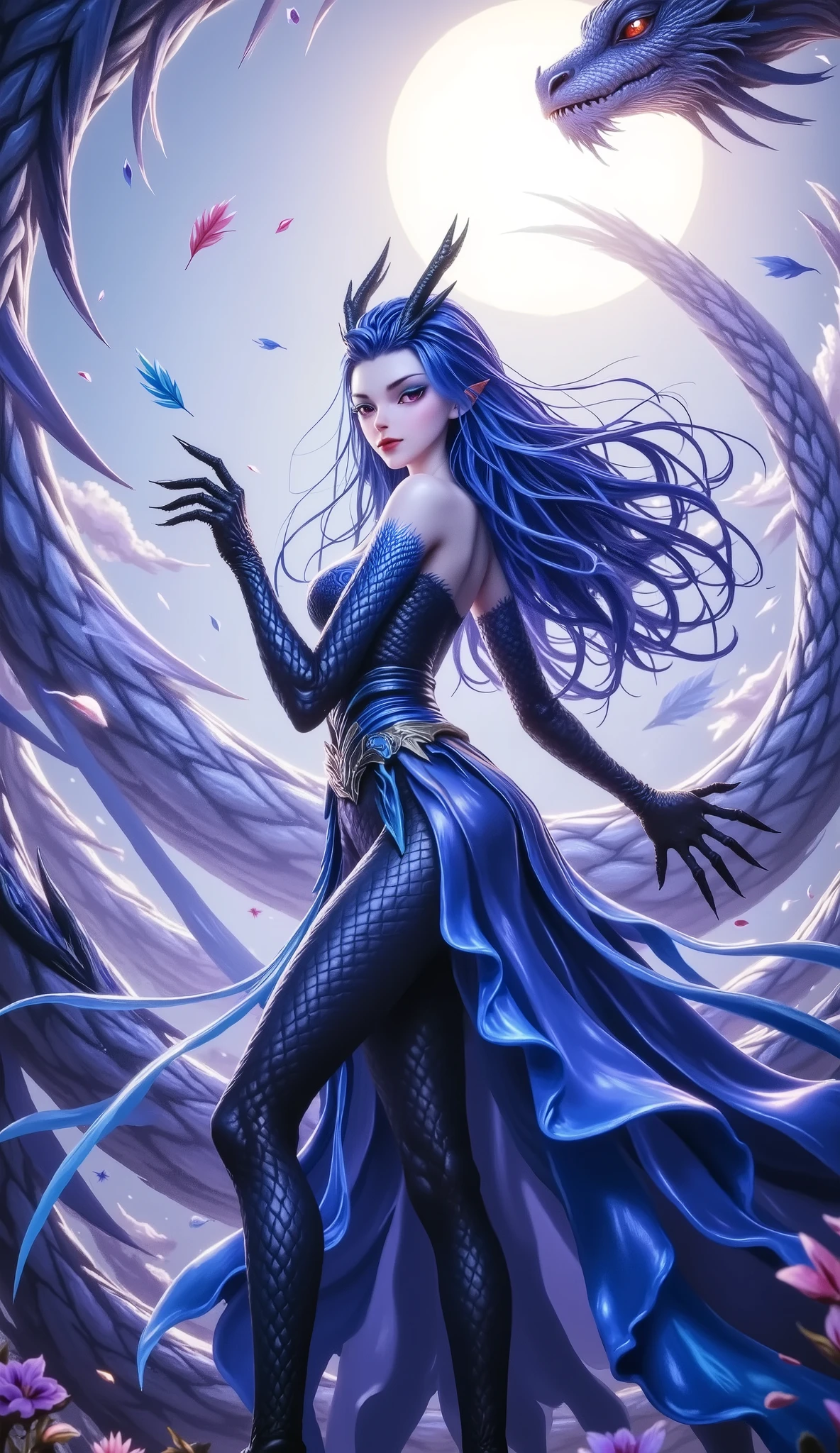 Dragon Girl,  unique ，  blue hair, 