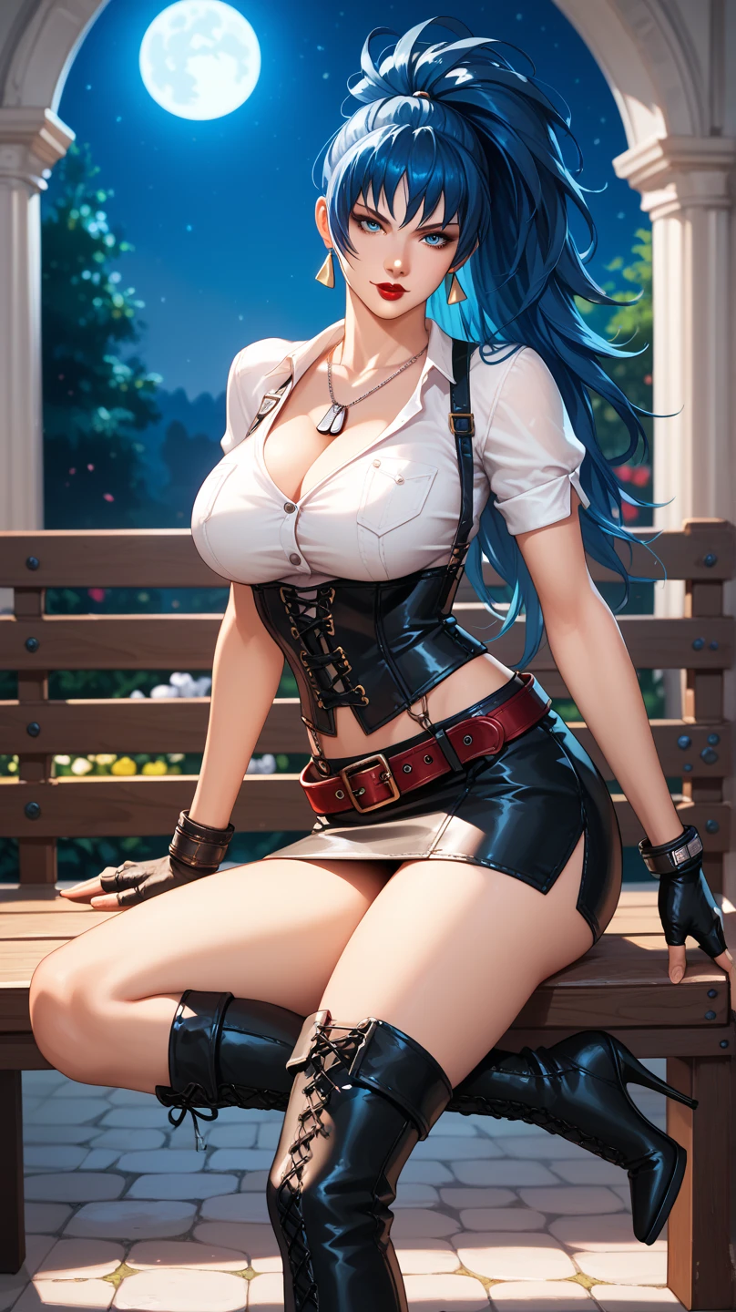 morrigan, Teal hair , by the wide , a white blouse , red leather pants , unbuttoned blouse showing her black bra, big breasts, lustful look, he has bat wings on his head, she is sitting on a throne in a castle, while drinking wine, smiling.