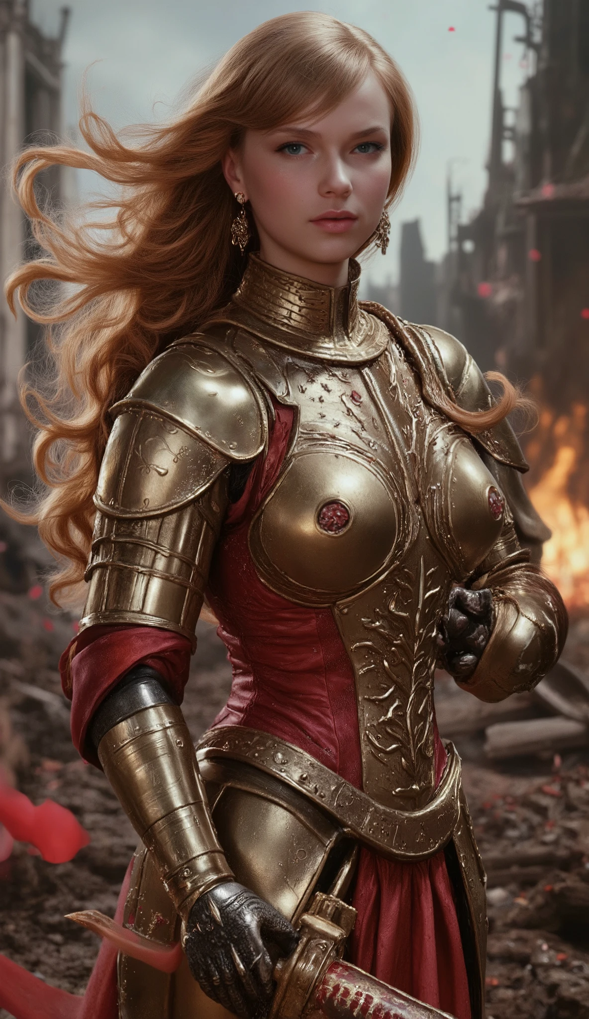 A fierce and breathtaking scene of the legendary female warrior Altaira Anne Francis poised in the midst of battle. She stands confidently, her slender figure clad in intricately detailed golden and crimson armor, covered in elegant, thorn-like motifs. Her long, fiery red hair flows wildly around her, partially obscuring her porcelain face and cold, determined eyes. In her right hand, she holds her iconic prosthetic arm wielding a massive, rune-etched katana, dripping with blood from recent combat. Scarlet blossoms swirl around her, floating in the air like ghostly petals, adding a haunting beauty to the scene. The background is a war-torn battlefield, shrouded in a mist of blood-red flowers and glowing embers, with remnants of fallen warriors scattered around. The atmosphere is charged with a sense of dread and grace, capturing Malenia’s deadly elegance and the unyielding strength of one of the most formidable foes in the Lands Between. (maximum ultra high definition image quality and rendering:3), maximum image detail, maximum realistic render, (((ultra realist style))), realist side lighting, , 8K high definition, realist soft lighting, (amazing special effect:3.5) apoclypse,. cyberpunk, futuristic,D4rkCyb3rDyn34n1m3 style