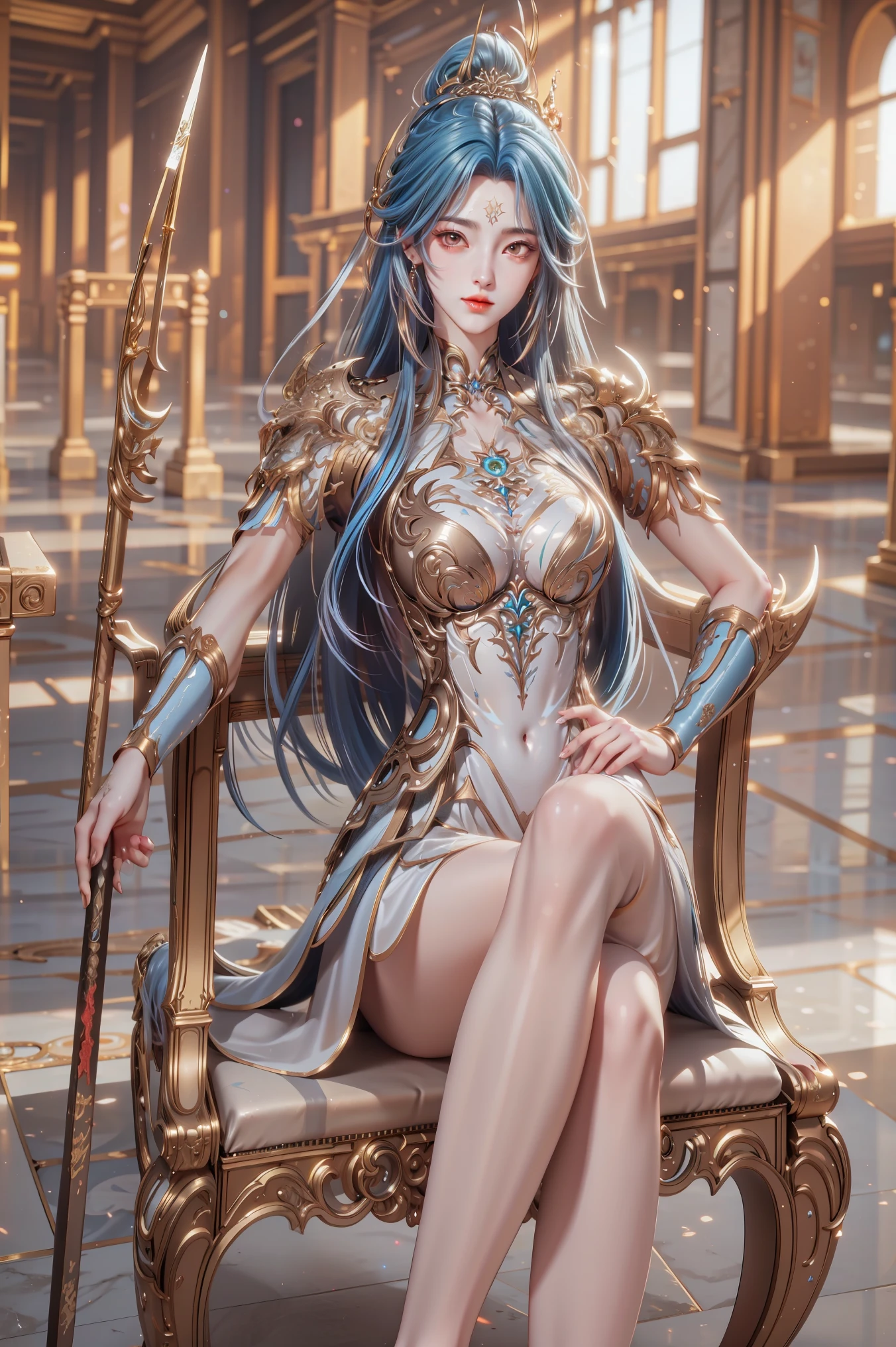 (masterpiece),(best quality:1.5),8k,absurdres,highres, Glowing skin:1.3, shiny skin, oil skin, (Sharp gaze),
Wang qiu'er,cute face, closed mouth:1.3,jewelry, Earring,(long hair:1.5), blue hair,(multicolor hair:1.5), 1girl,
solo,
long hair,
breasts,
looking at viewer,
dress,
holding,
closed mouth,
blue hair,
(Sitting:1.3),
(upper body:1.5),
ponytail,
weapon,
holding weapon,
white dress,
armor,
high heels,
hand on hip,
polearm,
shoulder armor,