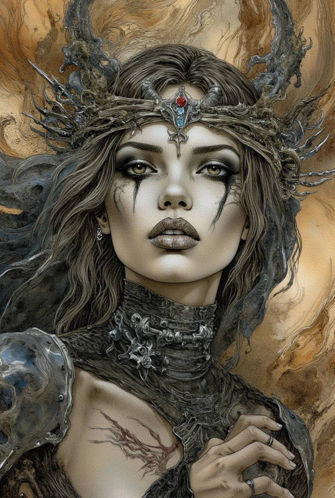 arafed woman with a headdress and a veil on her head, portrait of a dark fantasy nymph, a stunning portrait of a goddess, goddess portrait, dark fantasy portrait, fantasy portrait, portrait of a dark goddess, extremely detailed goddess shot, inspired by Bastien L. Deharme,