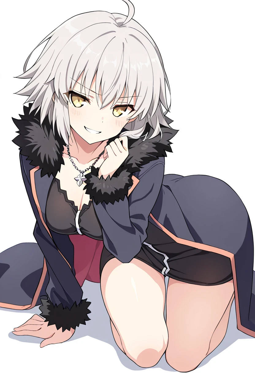 (((white background))),Volumetric Lighting, (best quality), (ultra-detailed), masterpiece, source_anime, score_9, score_8_up, score_7_up BREAK, illustration,detailed eyes, perfect composition, moist skin, intricate details BREAK, light depth, detailed face, detailed fingers,(masterpiece), (best quality), (ultra-detailed),masterpiece, best quality, absurdres,8K, 4k, highest quality, High resolution: 1.2),noise removal,1girl, short hair, ahoge, grey hair, yellow eyes, short dress,coat, fur trim, necklace, medium breasts,naughty smile, full body, looking at viewer