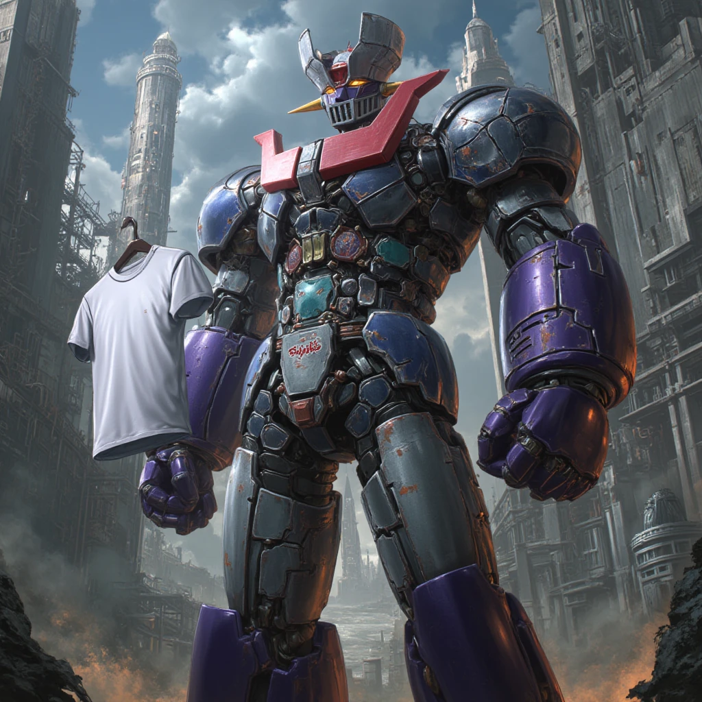 remodeled Mazinger Z , is 100 meters tall . is built with modern materials such as steel , Carbon Fiber , Other industrial elements are also visible , Just like the real thing , High voltage electric current flows 、 The top of a high-rise tower that emits light 、 I'm at the head . industrial environment at a cutting-edge nuclear power plant , Masinger Z standing around , holding up a simple white t-shirt and the letters 、 Android Goddess Partner 、 Robo and Mazinger Z A huge structure highlighted by realistic shadows . LED light lighting Gundam