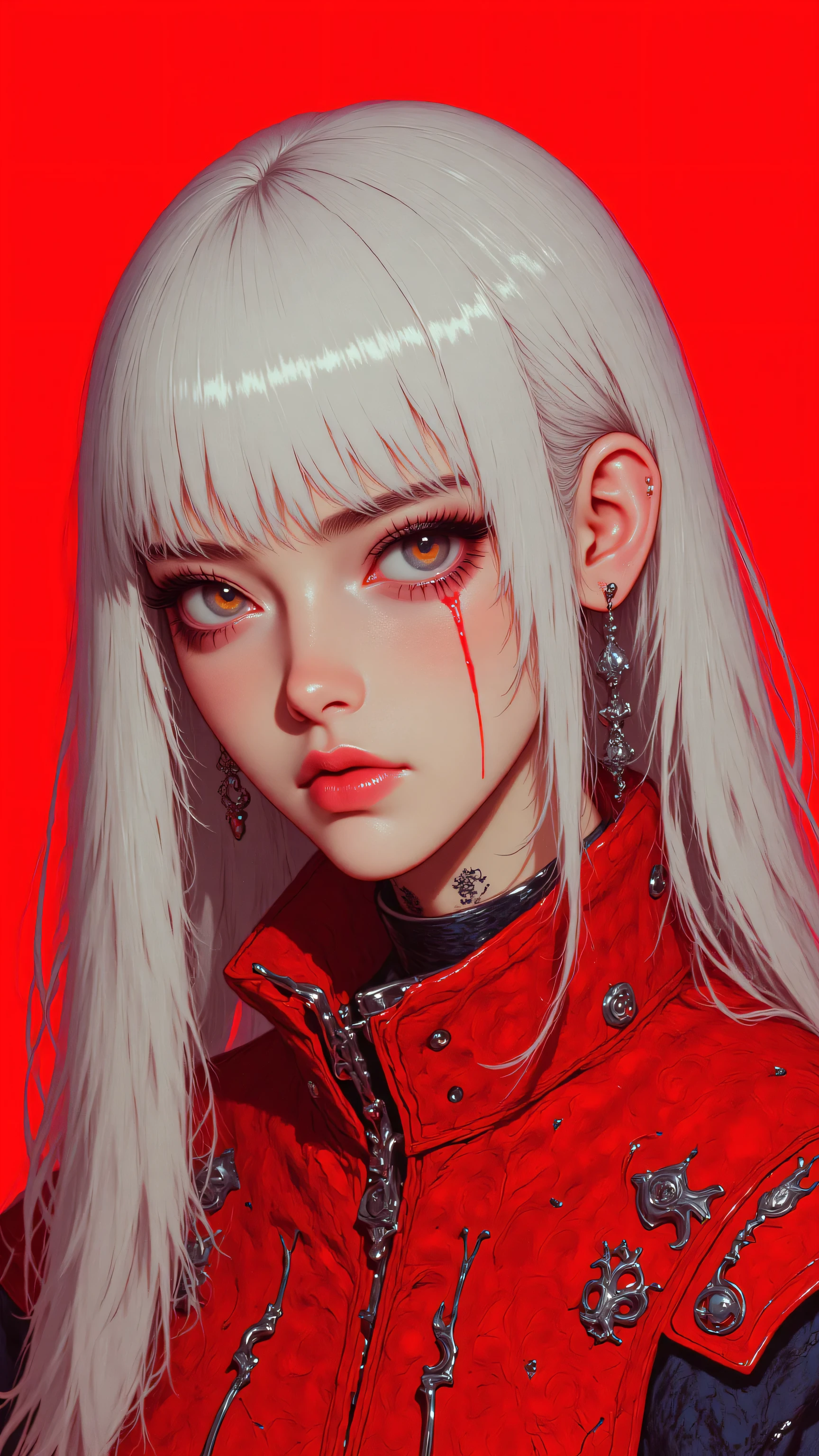 8k, masterpiece, highest quality, Korea's Beautiful Women, Close-up, frontal, straight-on, view, long, straight, white, hair, blunt bangs, blue eyes, stern expression, pale skin, facial markings, tattoos, red jacket, high collar, repeating pattern, small shapes, long earrings, bright red background.