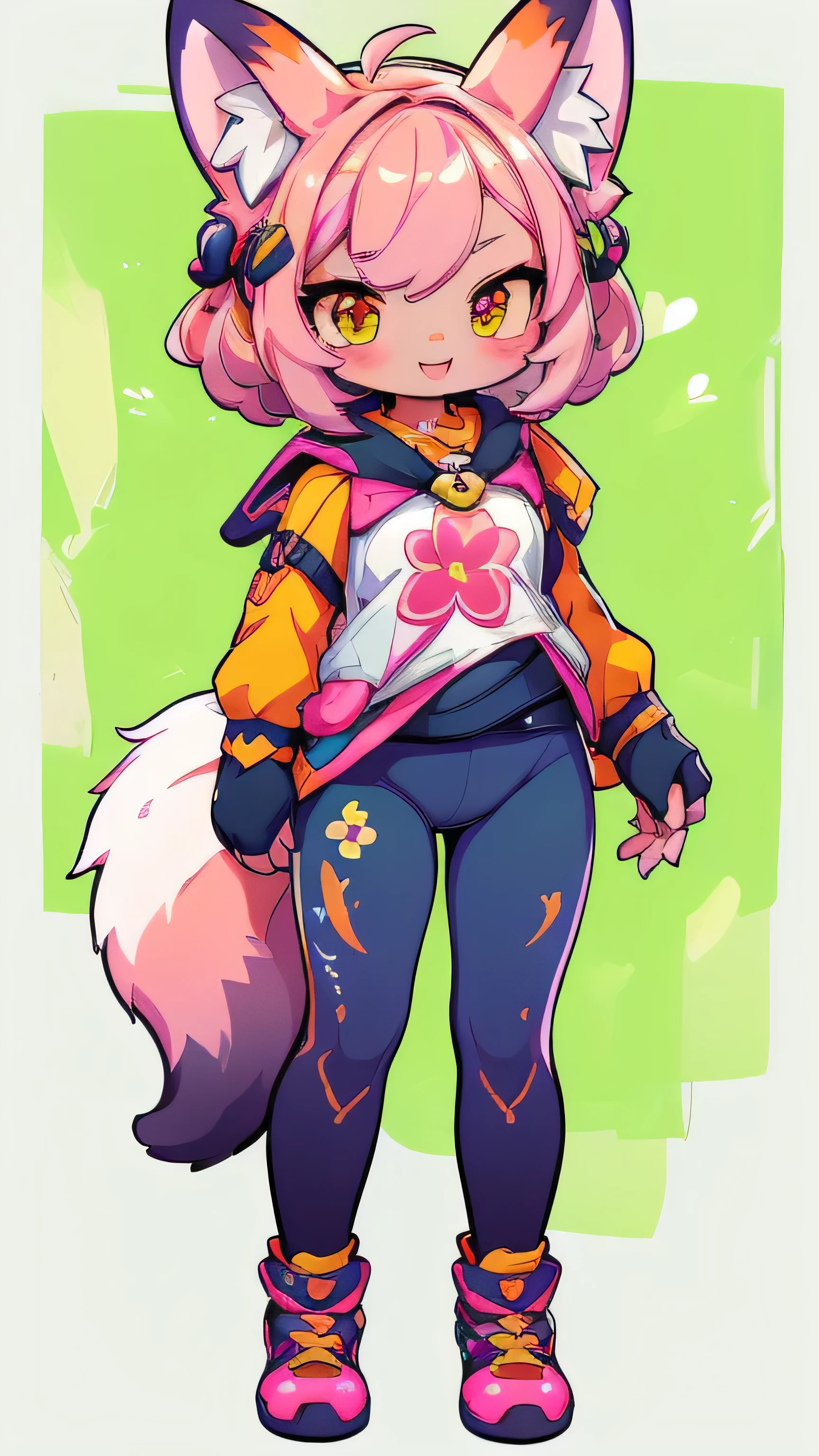 Create a unique sticker, Female hairy rainbow fox , Fox Ears , a fox tail , wide hips , White Skin Body , full body, standing, chibi. (cyberpunk style), ( High Quality , thong, 8k, high resolution), ((estilo chibi, chibi cute)), ( alone, A girl ), { fox girl, Fox Face, 2 fangs , long lashes, eyeliner } { fox mustaches }, ((( Fox skin over the body , fox stripes on the body , visible ears ))), (( long pink hair )), hair clip , ((very happy)), (( open-mouthed)), [Rainbow pupil ], (( Looking up )), ( very small breasts ), thin arms, ( arm down), --((( leggings and white blouse)))--, {{{ mini tiger tail , tail on the back }}}, ((( Blow from above the body ))), (((standing))), ((Green background(chroma key))), (((( estilo Anya em Spy x Family e Sakura em Sakura card captors)))), (( Dazzling vivid color )), anime style , Perfect Atomy .