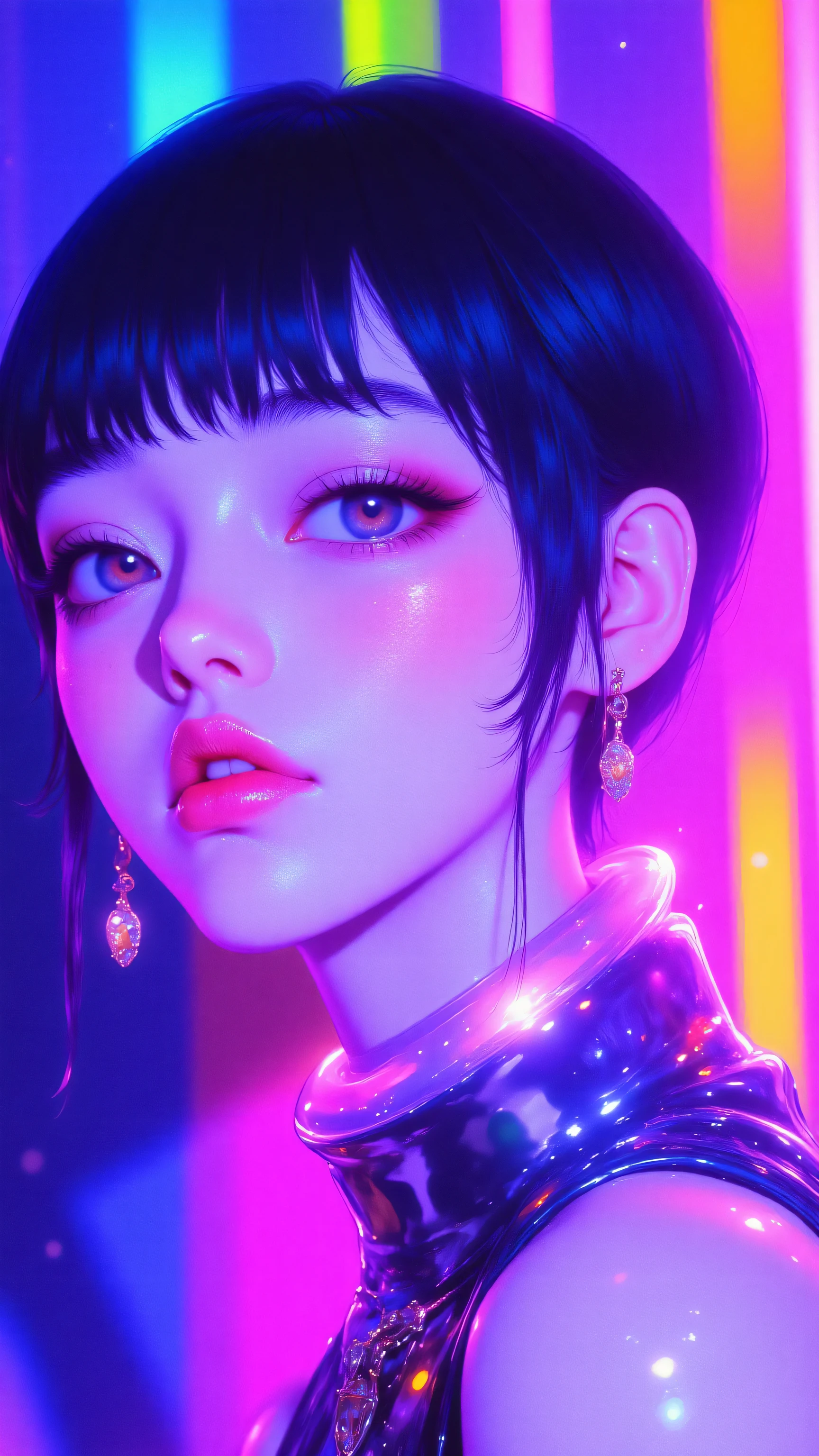 8k, masterpiece, highest quality, Korea's Beautiful Women, Close-up, short hair, vibrant blue-lavender, pink highlights, pale skin, pink blush, large blue eyes, serene expression, sleeveless top, neon colors, pink, green, yellow, orange, glowing, hazy background, blue, purple, light streaks, dynamic, saturated, vibrant.