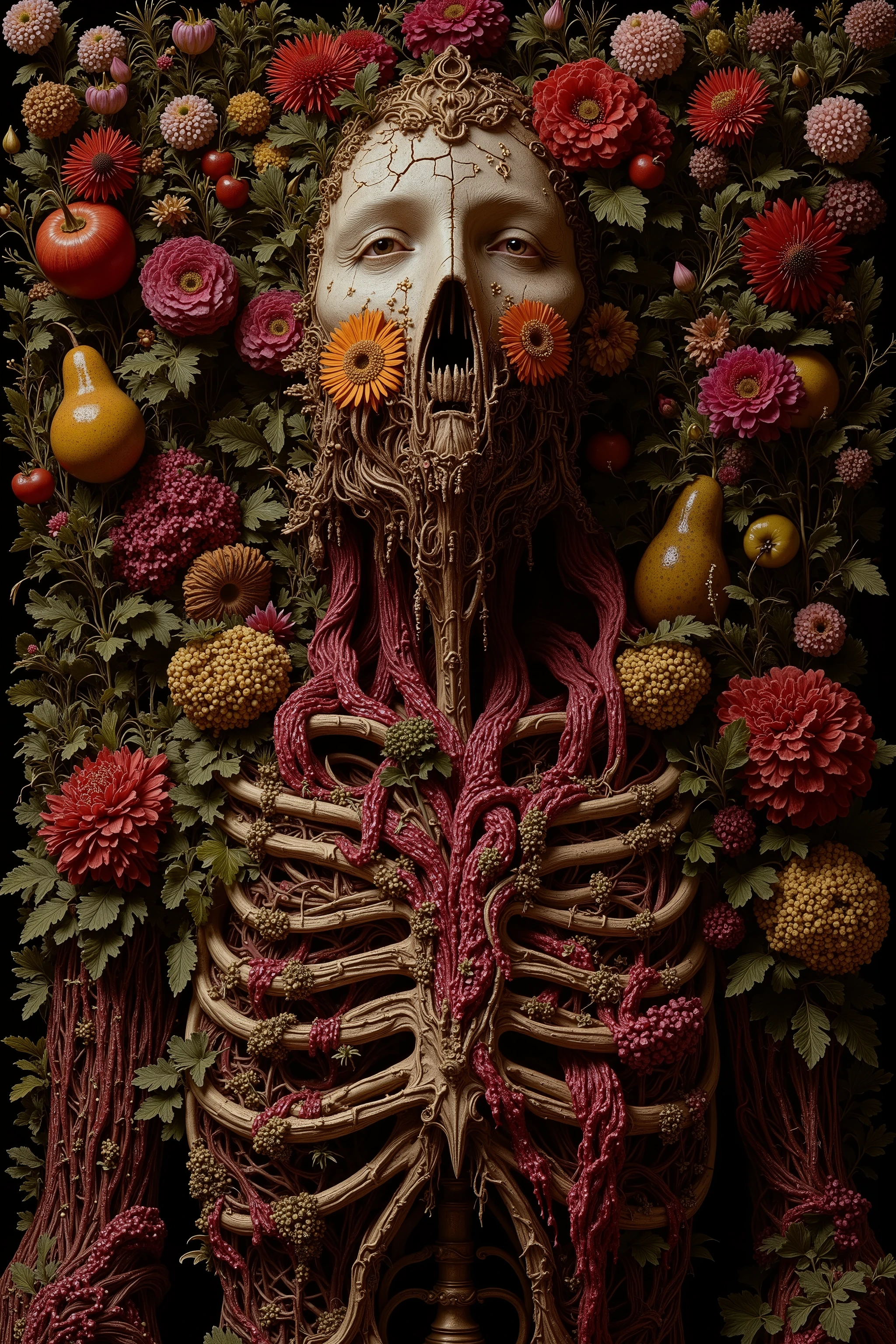 ((skeleton)),((many flowers,rose)),((forcus face,extreme close up:1.5)),decay,sculpture skin,cracked face,body horror,biomachine,(bloody),plants,fruits, living being, (vivid color),(colorful),(tangled:1.2), H.R Giger style,Yoshitaka Amano style,style of Giuseppe Arcimboldo
Granulated,plants,blood vessels,liquid,(burgundy,wine red),green,gold,ritual,Abundance,
16k,detailed image, ishin_postflesh,biomechanical style,made of blood and gore