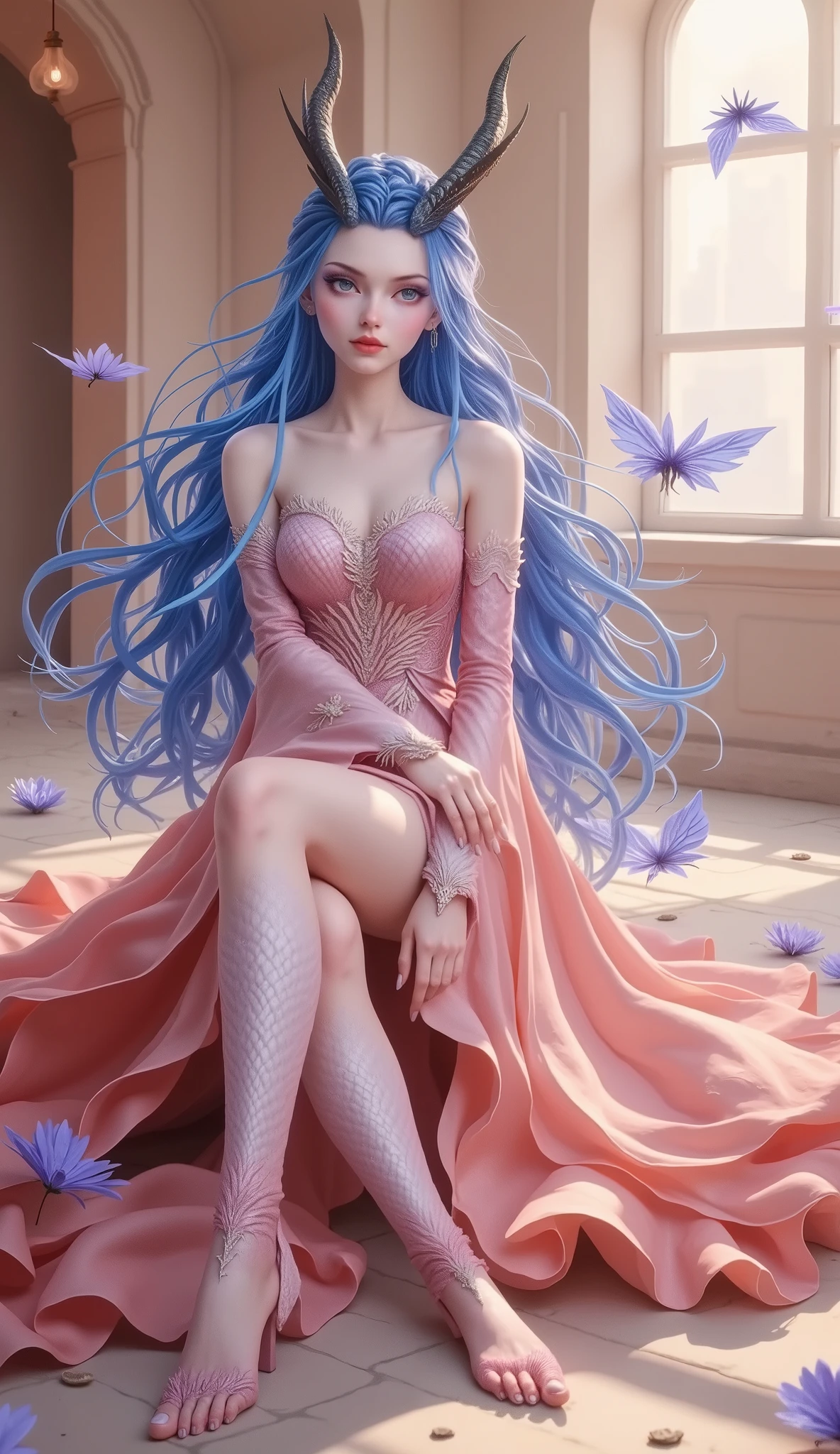 Dragon Girl,  unique ，  blue hair, 