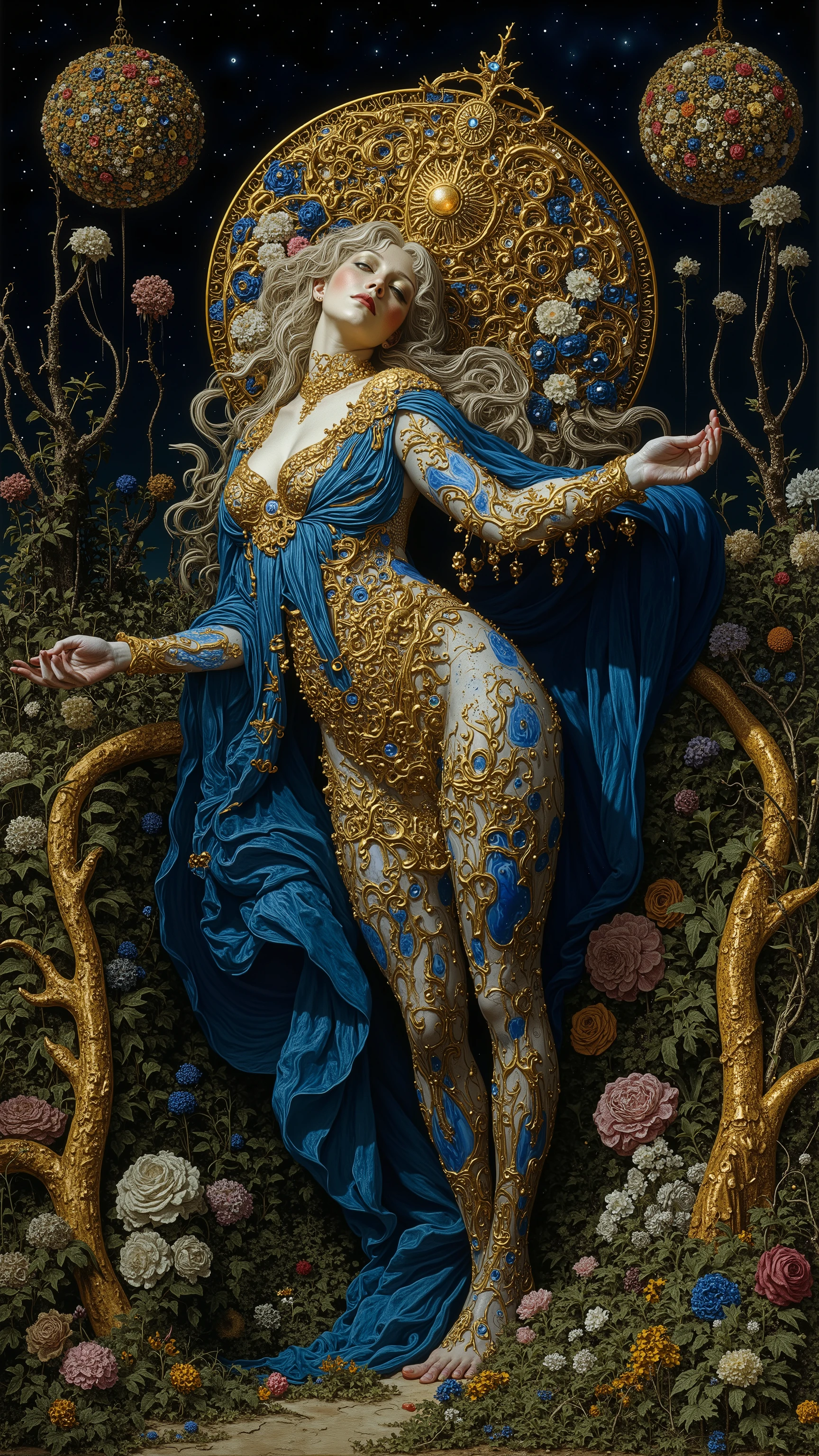 1 girl ,wide shot,woman clothed in the night,((beautiful goddess:1.3)),((dancing:1.2)),(wearing blue robe,bodysuite:1.5),romantic,body horror,biomachine,bloody,moon,moonlight,starry sky, living being, (feminine,nocturne),(vivid color:1.3),(colorful),(tangled:1.2),(gorgeous),Granulated,plants,blood vessels,liquid,((royal blue,gold:1.3)),green,ritual,Abundance,(dynamic pose), H.R Giger style,Yoshitaka Amano style,style of Giuseppe Arcimboldo,Gustav Klimt style,
16k,detailed image, ishin_postflesh,biomechanical style,by gustavklimt