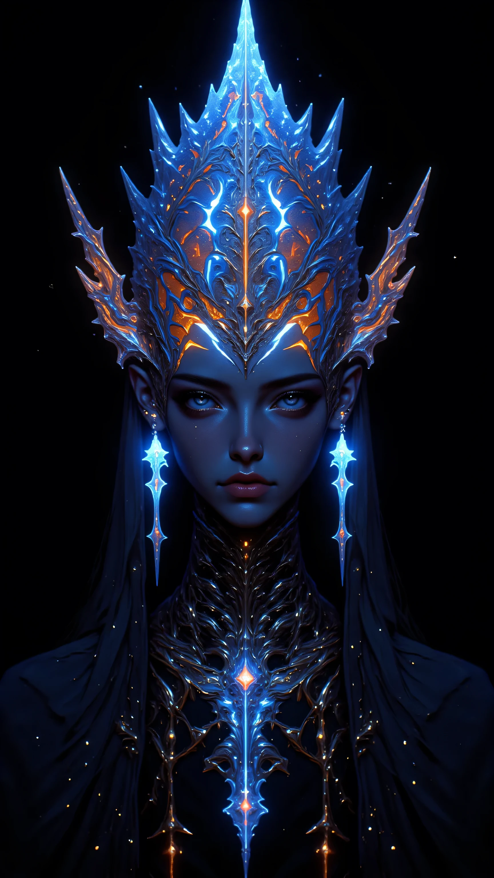 8k, masterpiece, highest quality, Korea's Beautiful Women, ethereal , glowing blue and orange markings, intricate headdress, bioluminescent patterns, digital art, vivid colors, otherworldly beauty, mystical creature, sci-fi elements, detailed facial features, luminous skin, dark background, iridescent details, magical aura, high contrast, alien-like, futuristic design, shimmering textures, surreal atmosphere, hyperrealistic style