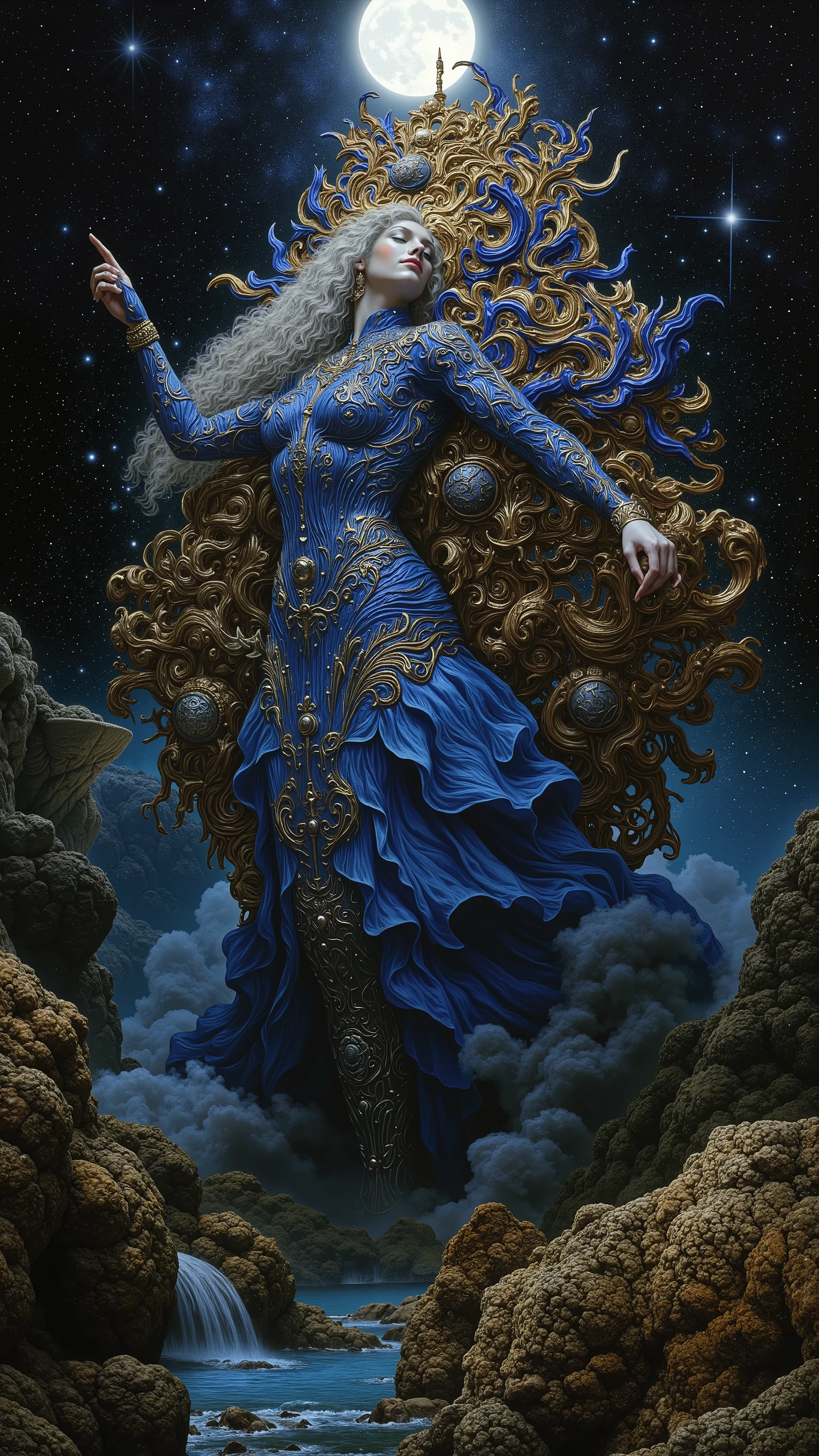 1 girl ,wide shot,woman clothed in the night,((beautiful goddess:1.3)),((dancing:1.2)),(wearing blue robe,bodysuite:1.5),romantic,body horror,biomachine,bloody,moon,moonlight,starry sky, living being, (feminine,nocturne),(vivid color:1.3),(colorful),(tangled:1.2),(gorgeous),Granulated,plants,blood vessels,liquid,((royal blue,gold:1.3)),green,ritual,Abundance,(dynamic pose),     H.R Giger style,Yoshitaka Amano style,style of Giuseppe Arcimboldo,Gustav Klimt style,
16k,detailed image,　　　ishin_postflesh,biomechanical style,by gustavklimt