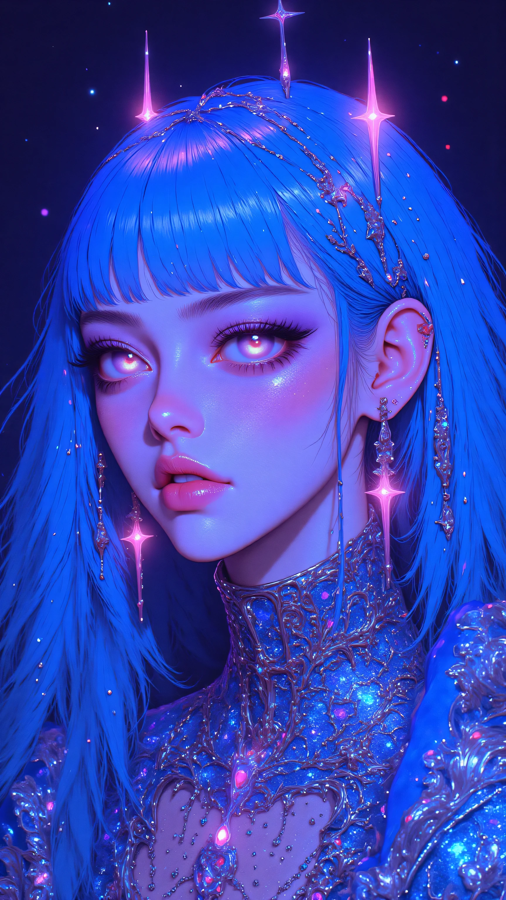8k, masterpiece, highest quality, Korea's Beautiful Women, Ethereal, vibrant neon colors, blue hair, glowing eyes, sparkling makeup, colorful jewelry, luminous skin, dreamy atmosphere, digital painting, anime influence, magical realism, iridescent details, holographic accents, soft lighting, starry elements, futuristic style, whimsical expression, surreal beauty, electric blue tones, pink lips, intricate eyelashes, shimmering textures, fantastical aesthetic, cosmic vibes, highly detailed