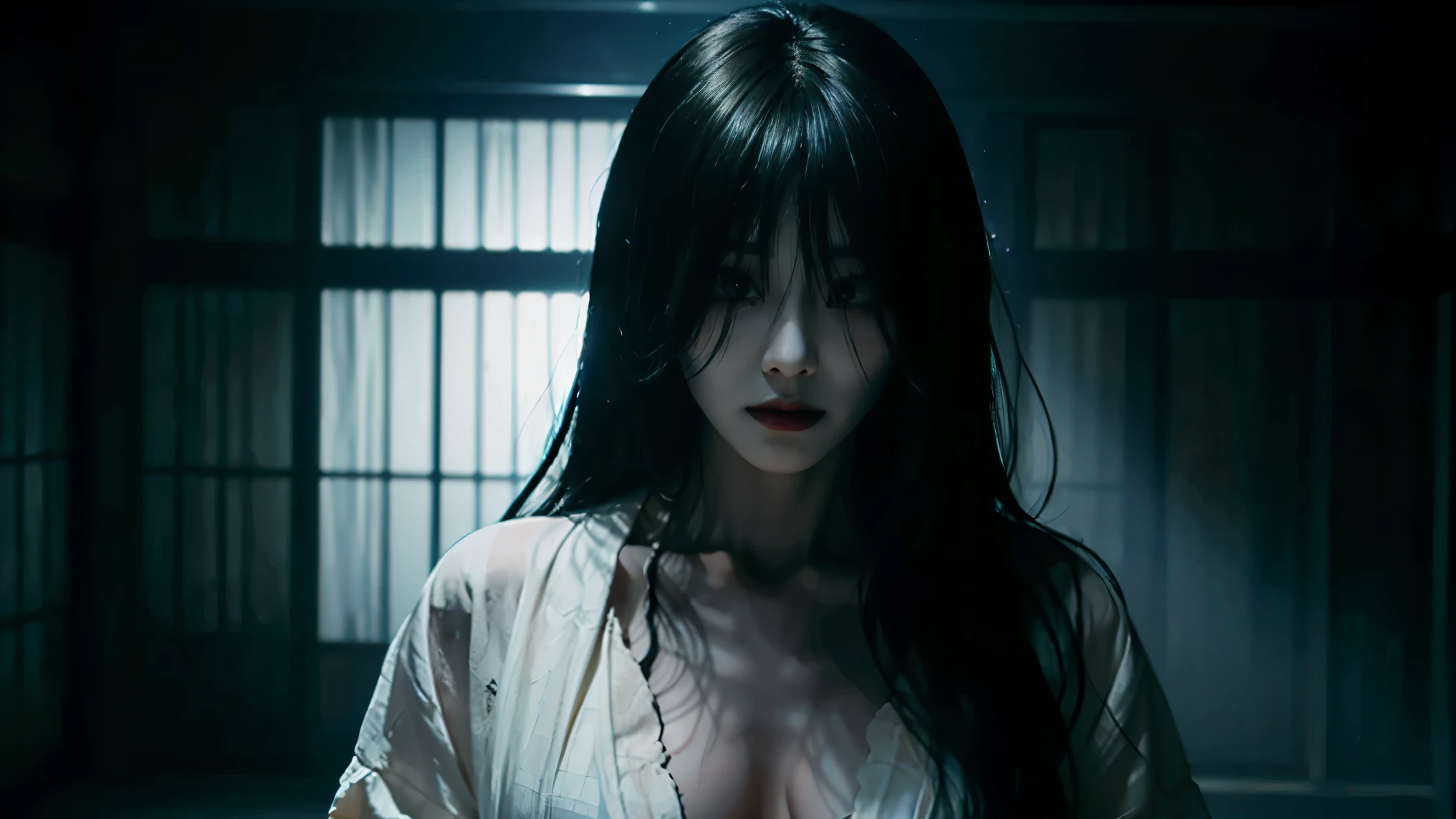 solo, high resolution, Masterpiece, accurate, top quality, super high heels, textured skin, woman、4K、((The background is standing in a dark Japanese-style room at midnight)), big breasts、ghost、 white kimono、(((Long black hair to hide eyes))), Pale look、 Dark Atmosphere 、 staring at me、Sharp Eye、 expression of anger、(( has an open chest)), upper body shot 、