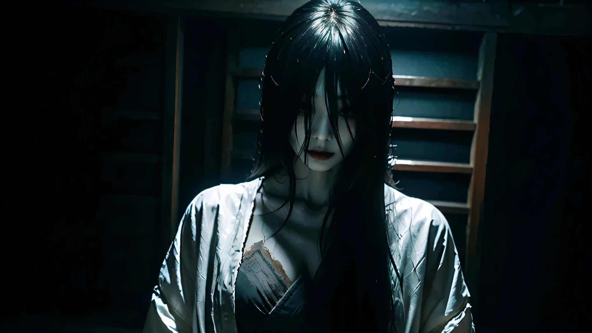 solo,  high resolution,  Masterpiece, accurate,  top quality,  super high heels,  textured skin, woman、4K、((The background is standing in a dark Japanese-style room at midnight)),  big breasts、ghost、 white kimono、(((Long black hair to hide eyes))), Pale look、 Dark Atmosphere 、 staring at me、Sharp Eye、 expression of anger、(( has an open chest)), upper body shot 、