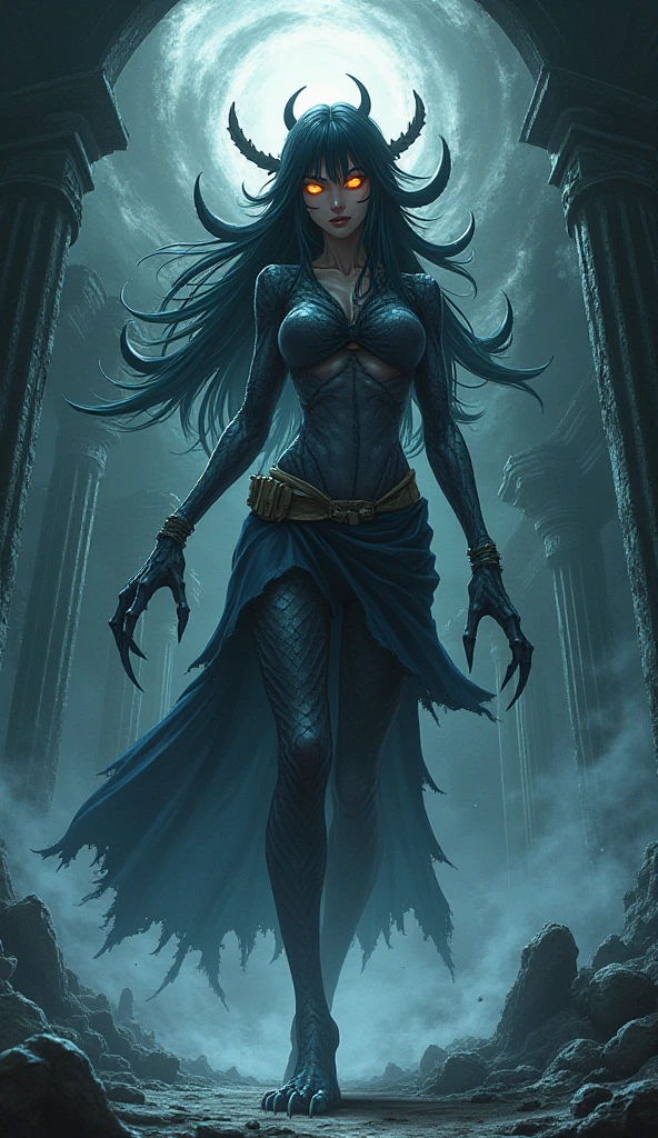 tier_harribel absurdres commission highres skeb_commission 1girl alternate_form arrancar ass barefoot colored_sclera convenient_censoring energy_sword facial_mark fiery_tail fins fire fish_tail flame-tipped_tail floating_hair green_sclera holding holding_weapon hollow_(bleach) horn_ornament horns limited_palette long_hair looking_at_viewer looking_back monster_girl parted_lips resurreccion shark_fin shark_girl shark_tail skin_tight solo sword tail topless weapon yellow_background yellow_fire