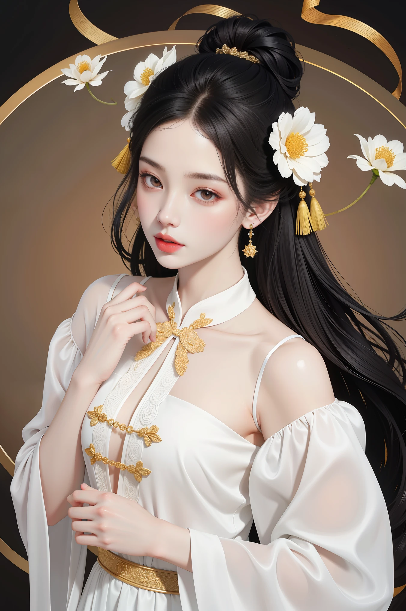 best quality,highres,absurdres,masterpiece,4k,
1girl,hair ornament,black hair,chinese clothes,hair bun,closed mouth,see-through,dress,earrings,long hair,solo,upper body,white dress,xiaoqingxue,cowboy shot,looking at viewer,dynamic pose,glowing eyes,
shiny skin,shiny clothes,(pale skin:1.2),(narrow waist:1.1),(flower:1.2),skinny,from above,looking up,