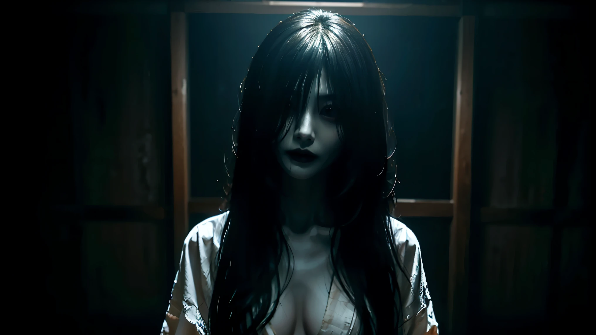 solo, high resolution, Masterpiece, accurate, top quality, super high heels, textured skin, woman、4K、((The background is standing in a dark Japanese-style room at midnight)), big breasts、ghost、 white kimono、(((Long black hair to hide eyes))), Pale look、 Dark Atmosphere 、 staring at me、Sharp Eye、 expression of anger、(( has an open chest)), upper body shot 、