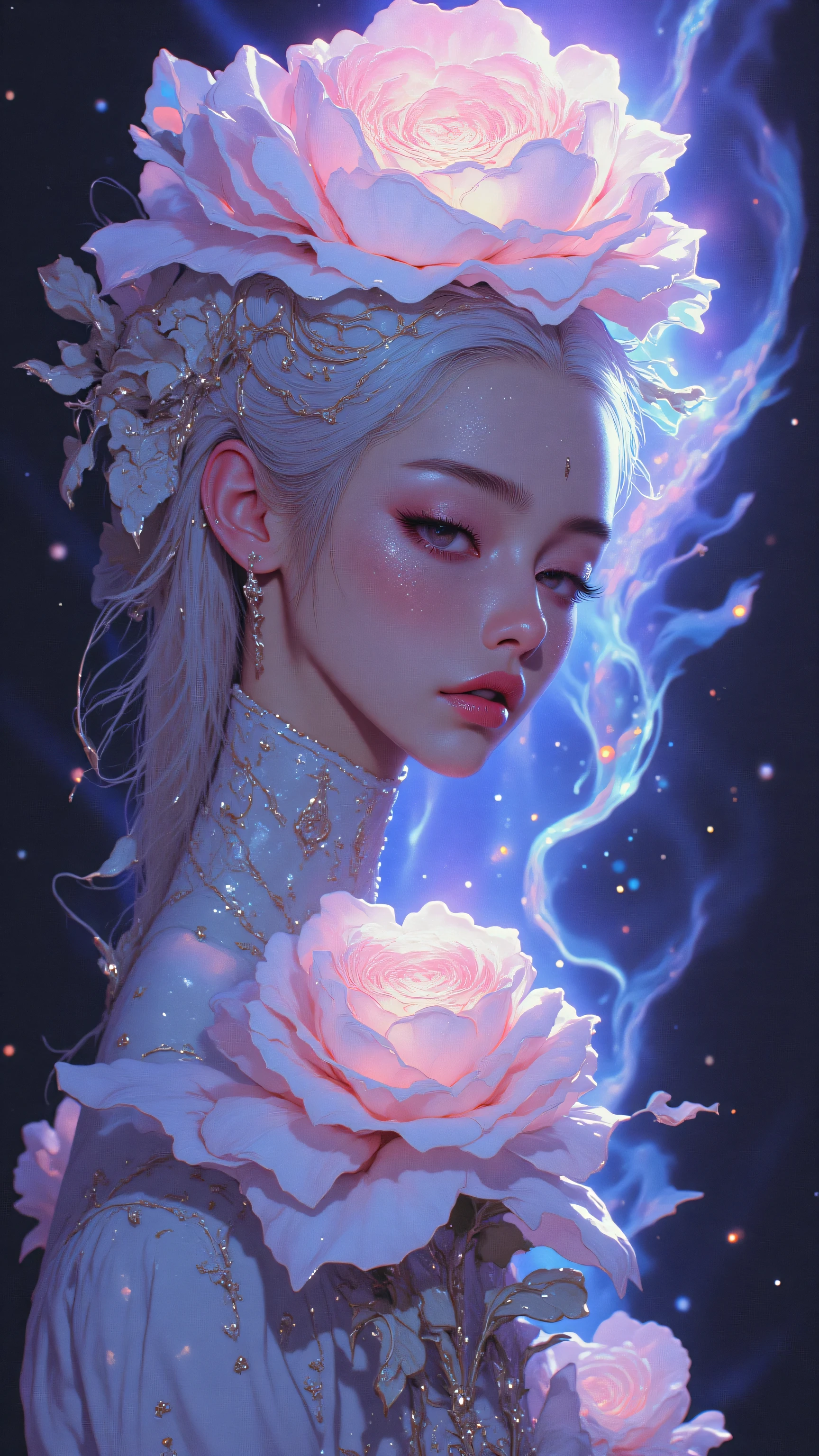8k, masterpiece, highest quality, Korea's Beautiful Women, ethereal beauty, iridescent glitter makeup, holographic rose, platinum blonde hair, closed eyes, dreamy expression, magical aura, cosmic background, sparkling particles, pastel colors, soft lighting, surreal atmosphere, high-detail skin texture, otherworldly glow, digital art, photorealistic rendering, celestial theme, fantasy fashion photography, color harmony