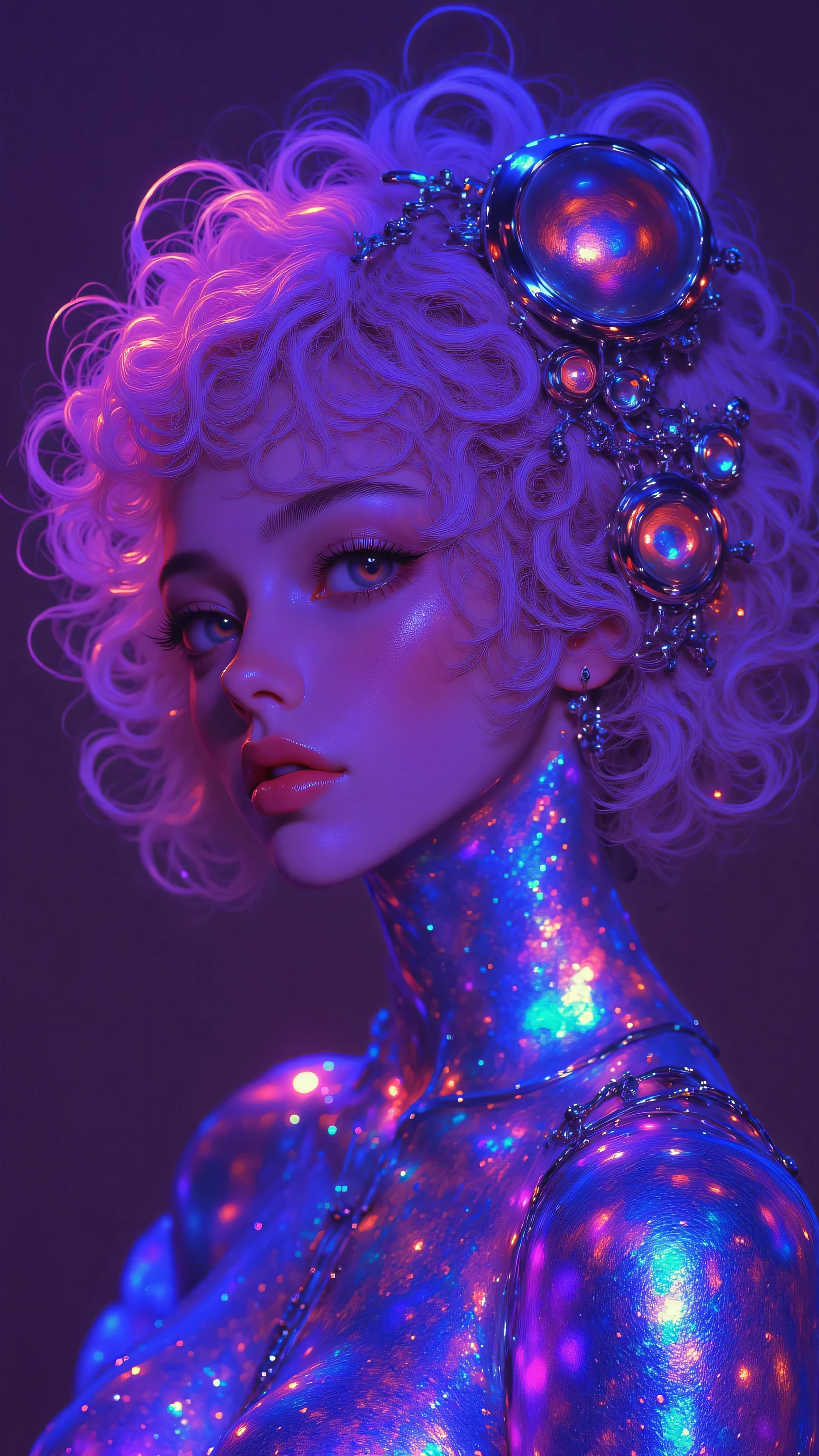 8k, masterpiece, highest quality, Korea's Beautiful Women, Surreal, vibrant neon colors, holographic effect, curly blonde hair, dramatic lighting, iridescent skin, introspective gaze, ethereal atmosphere, dreamy expression, rainbow hues, glowing aura, fashion photography, futuristic aesthetic, soft focus, luminous makeup, colorful shadows, psychedelic style, digital art, high contrast, cinematic composition