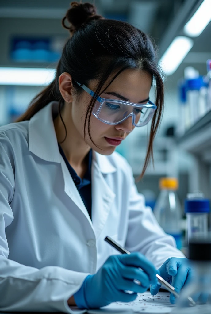 A female nutritionist, cientist, doing research and analyzing small pink colored petri dishes and wearing gloves, em horizontal