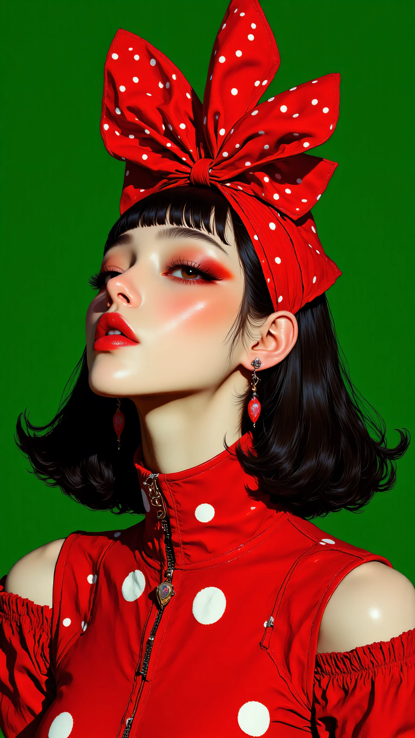 8k, masterpiece, highest quality, Korea's Beautiful Women, Vibrant red polka dot fashion, oversized bow headpiece, green background, portrait photography, bright red lipstick, retro inspired, high contrast, studio lighting, fashion editorial, porcelain skin, rosy cheeks, elegant pose, stylized makeup, saturated colors, vintage aesthetic, pin-up style, fashion illustration, symmetrical composition, striking beauty, cinematic look