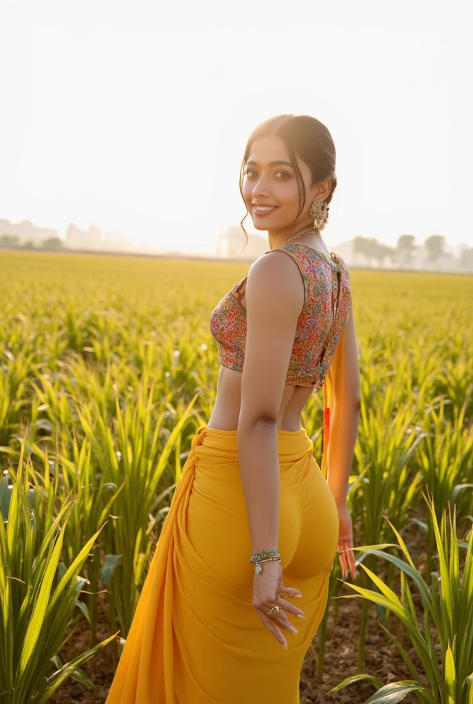 A indianwoman is standing in a field of yellow flowers at sunset, wearing a light pink two-piece outfit consisting of a crop top and shorts. She has long, flowing dark hair, gold earrings, a necklace, and gold bangles. The sky is a gradient of warm hues, and trees are visible in the background.