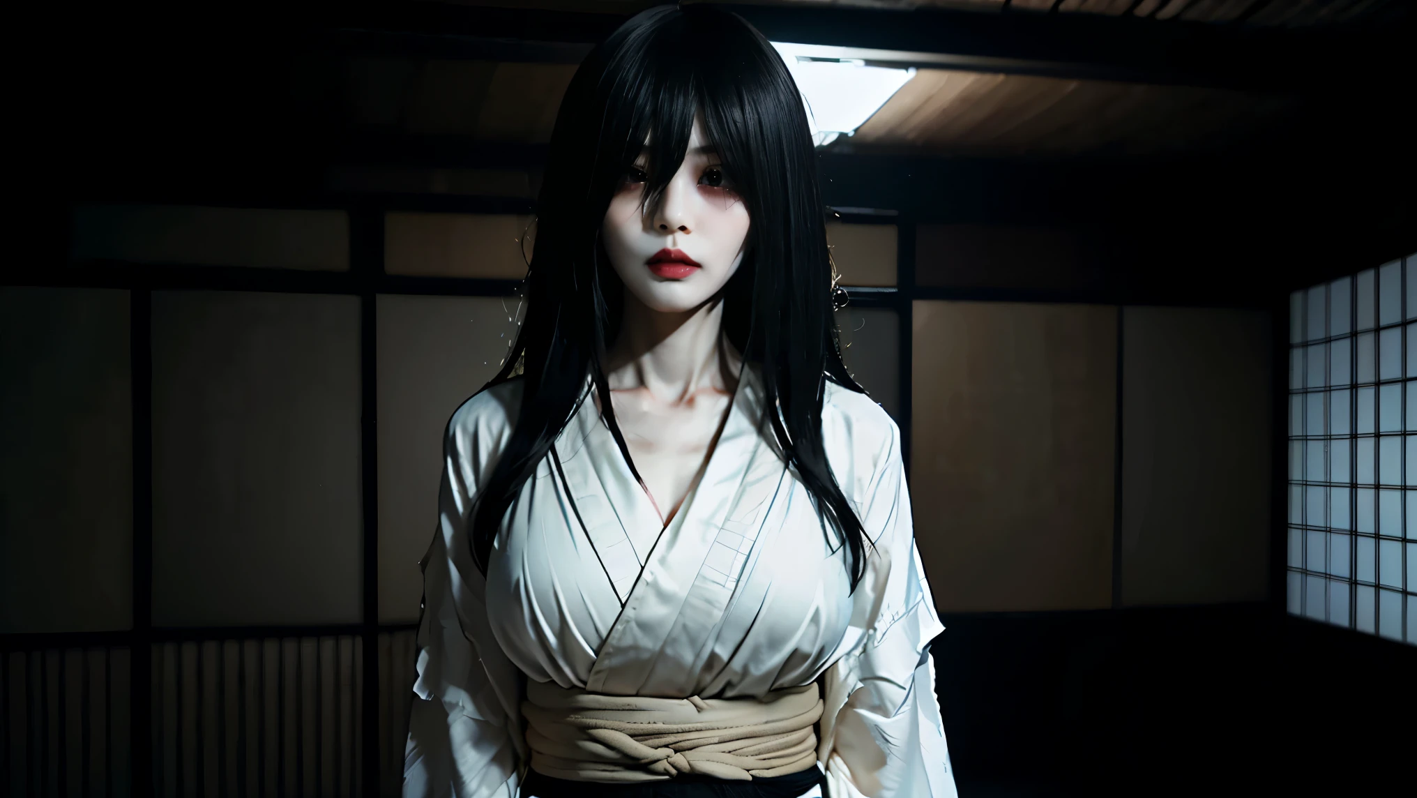 Alone, high res, masterpiece, accurate, top quality, super high heels , numbers surrounded by textured skin, woman、4K、(( The background is standing in a Japanese-style room in the middle of the night)), big breasted、Ghost、 (( white kimono)),(((((Hide your eyes with long black bangs))))), Pale look、 dark atmosphere 、 Staring at Me 、 sharp eyes、 expression of anger、((Kimonos are open to the chest )),