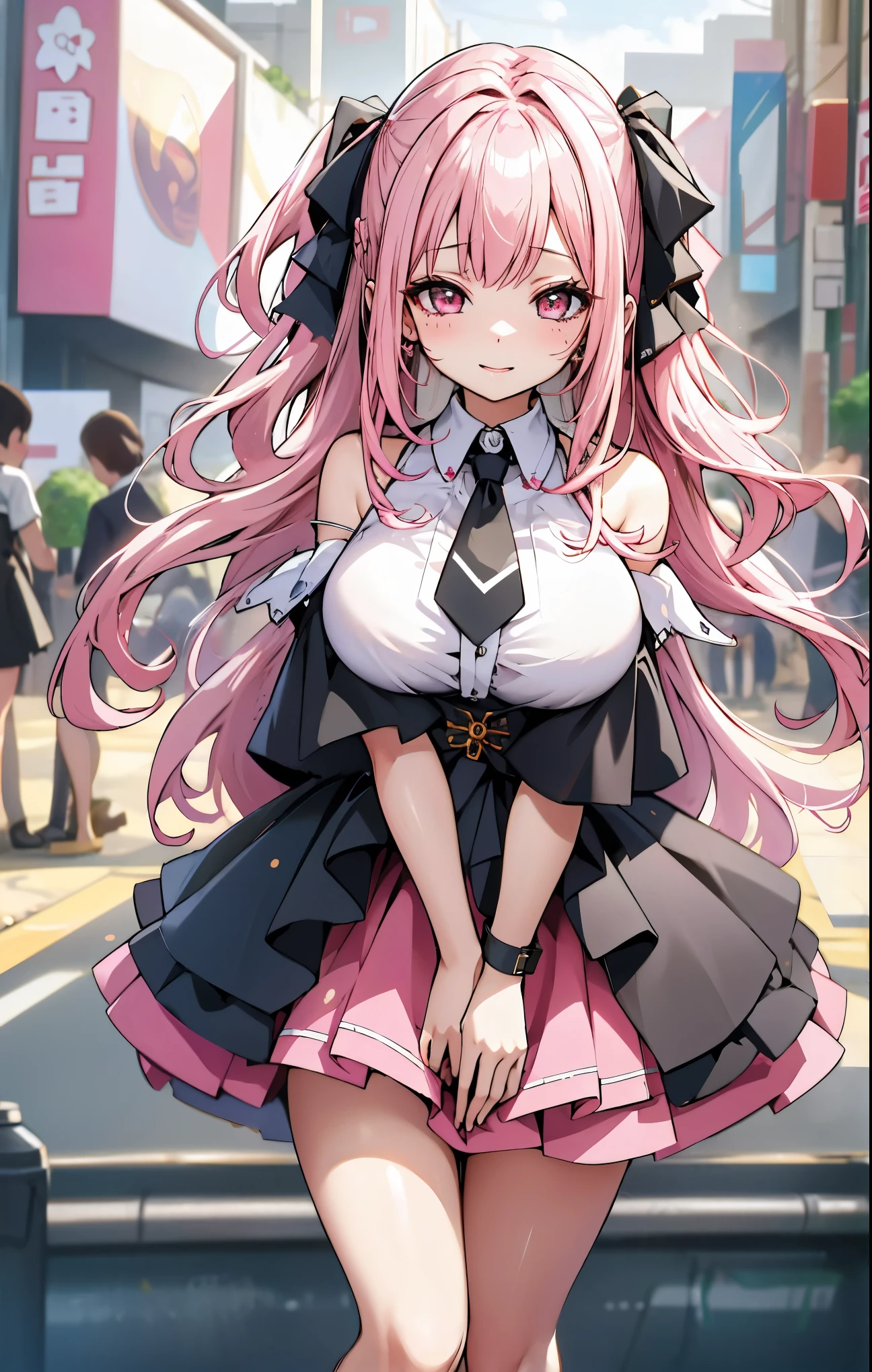 extremely detailed CG unity 8k wallpaper, best quality, ultra-detailed, masterpiece, realistic, photo realistic, extremely detailed cute girl, 20years old, (((skirt lift by myself))), (lifted by self), panties , panties focus, blush, parted lips, looking at viewer , half body shot , (crowd), (crowded parking lot) , hair over one eye