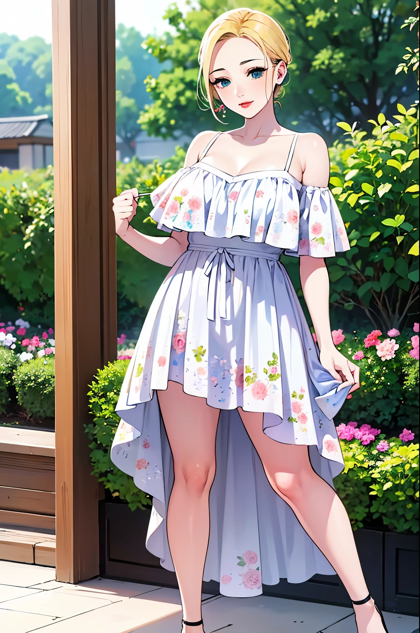 score_9_up, score_8_up, score_7_up, 1girl, solo, source_anime, hourglass figure, Big breasts, kemonomimi, bear ears, brown hair, short hair, messy_hair, blue eyes BREAK freckles, floral print sundress, green sundress, bare shoulders, strapless, high socks, green sneakers, smile, open mouth, looking at viewer, outdoors, standing, flower garden, wooden fence, bush, blush 