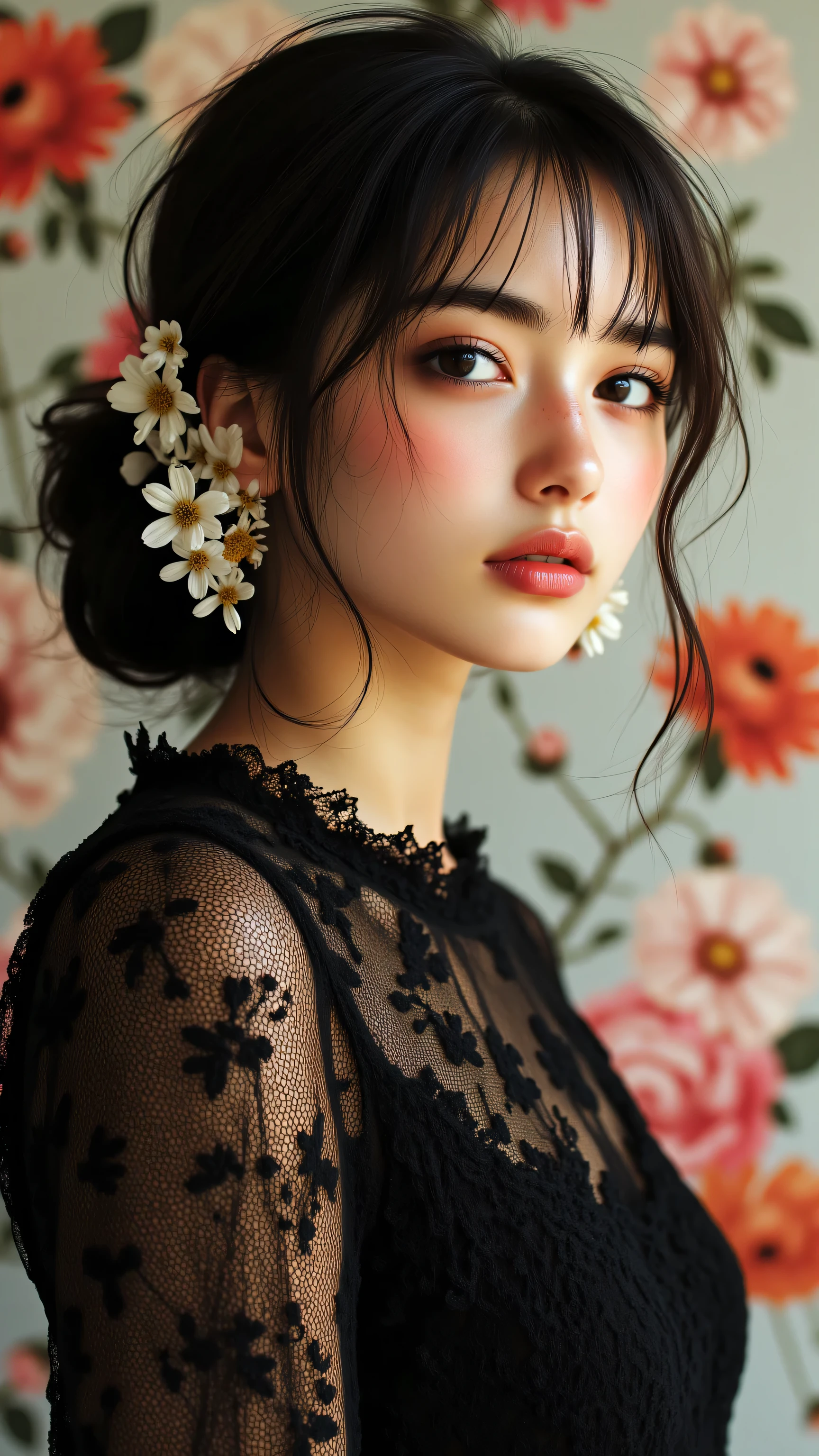 8k, masterpiece, highest quality, elegant, woman, black lace dress, floral hair accessory, soft makeup, delicate features, floral background, pink and orange flowers, studio lighting, high-resolution, fashion photography, beauty portrait, soft focus, dreamy atmosphere, sophisticated, graceful pose, side profile, natural beauty