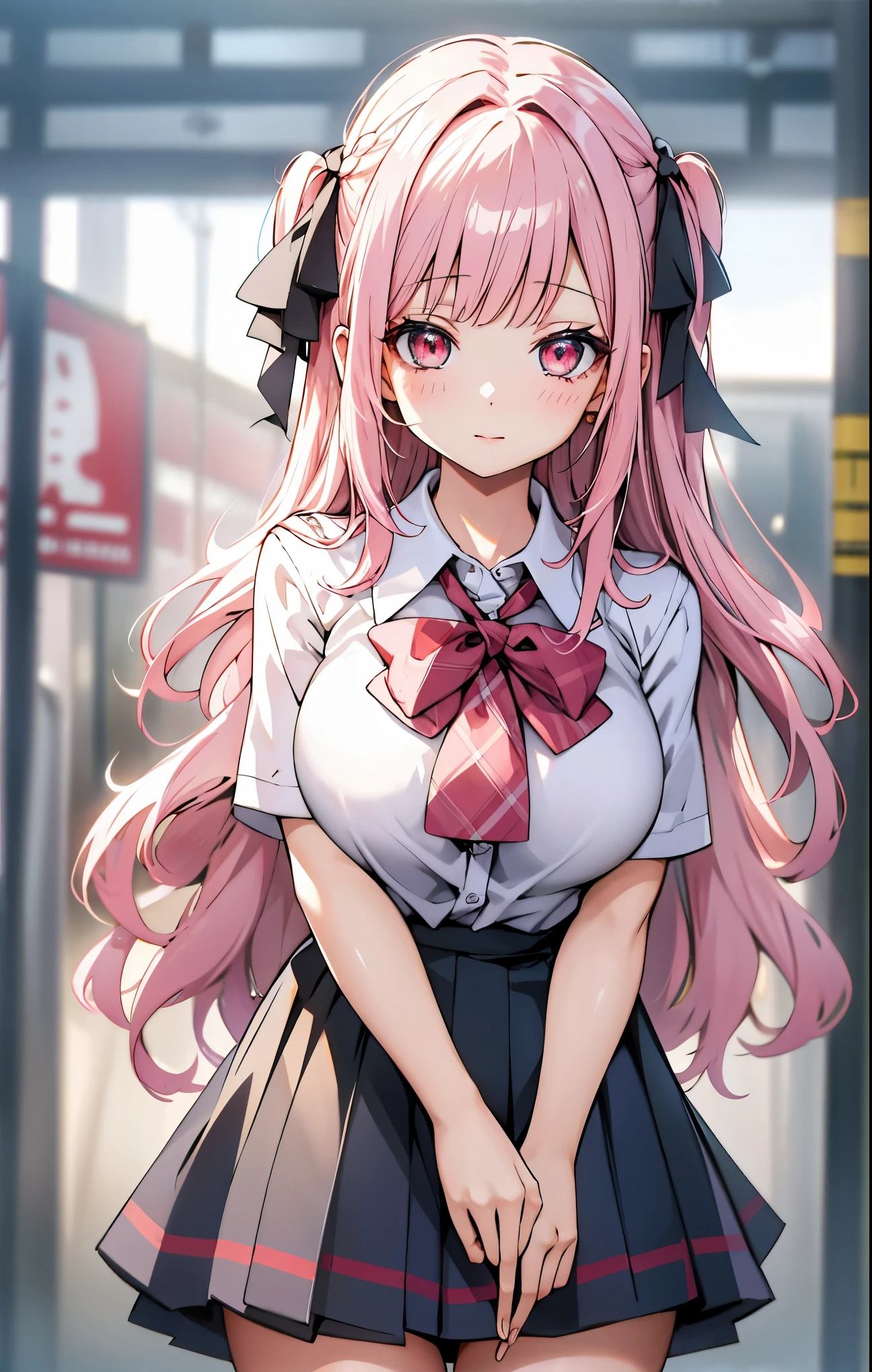   ultra high definition,  dress, perfect image,   high quality ,  1 girl, Solo,  looking at the audience,  is anatomically correct,  light pink hair,  long hair , ties two hair,  with big breasts,  golden eyes, Big round eyes,  cute , Hair Ribbon, stand, standตัวตรง ,  school uniform  ,  Plaid School Skirt ,Thigh , White skin,  upper body  , 