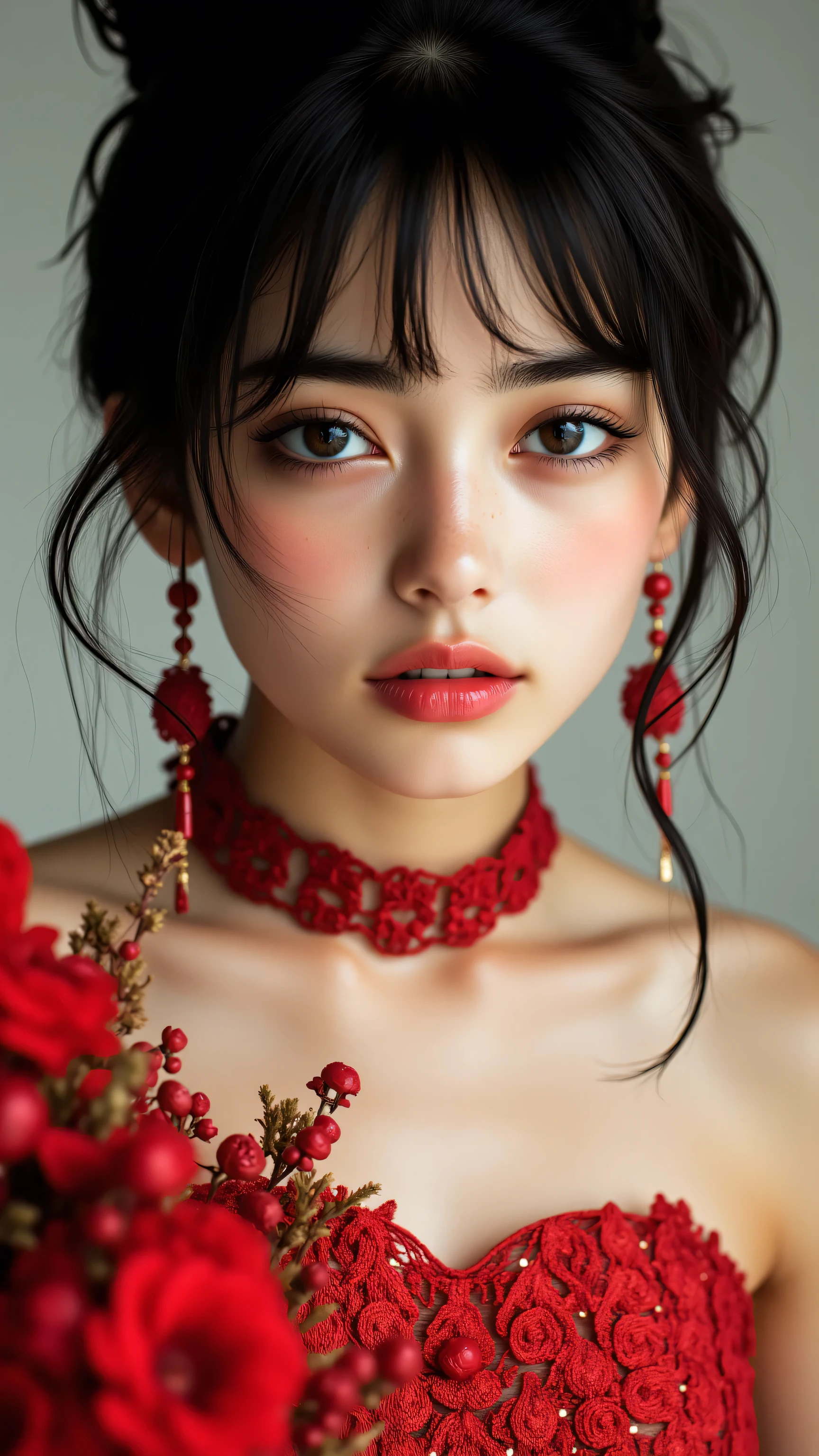 A close up of a woman wearing a red dress and a necklace - SeaArt AI