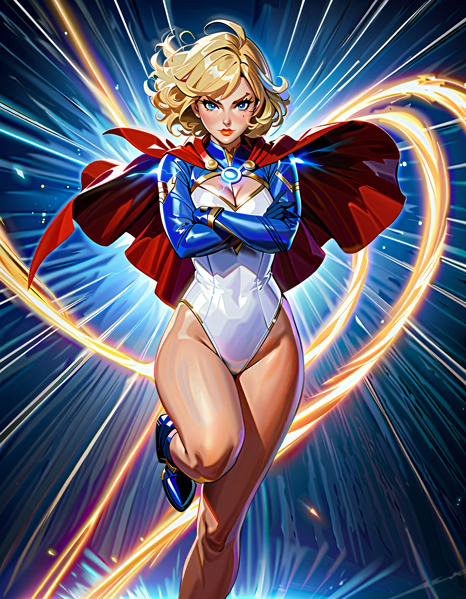(masterpiece), (best quality), (highres), 1girl, solo, highly detailed, powergirlSDXL,1girl,short hair,blue eyes,blonde hair,large breasts,gloves,cleavage,thighs,belt,cape,leotard,lips,clothing cutout,highleg,cleavage cutout,highleg leotard,white leotard,red cape,blue gloves,superhero, (full body with costume:1.2), fixed hands. (fast spin, dynamic whirl pose, spins fast in place like a tornado, whirls fast in place like a tornado, tornado whirling, spiral lines around her, speed lines around her, spinning blue energy pulses around her, storm winds around her, whirls into a tornado, (she whirls) at (super speeds)). full body costume design. curved sword slash. (she super-spins), (whirlwind), light particles. (crossed arms). time travel.