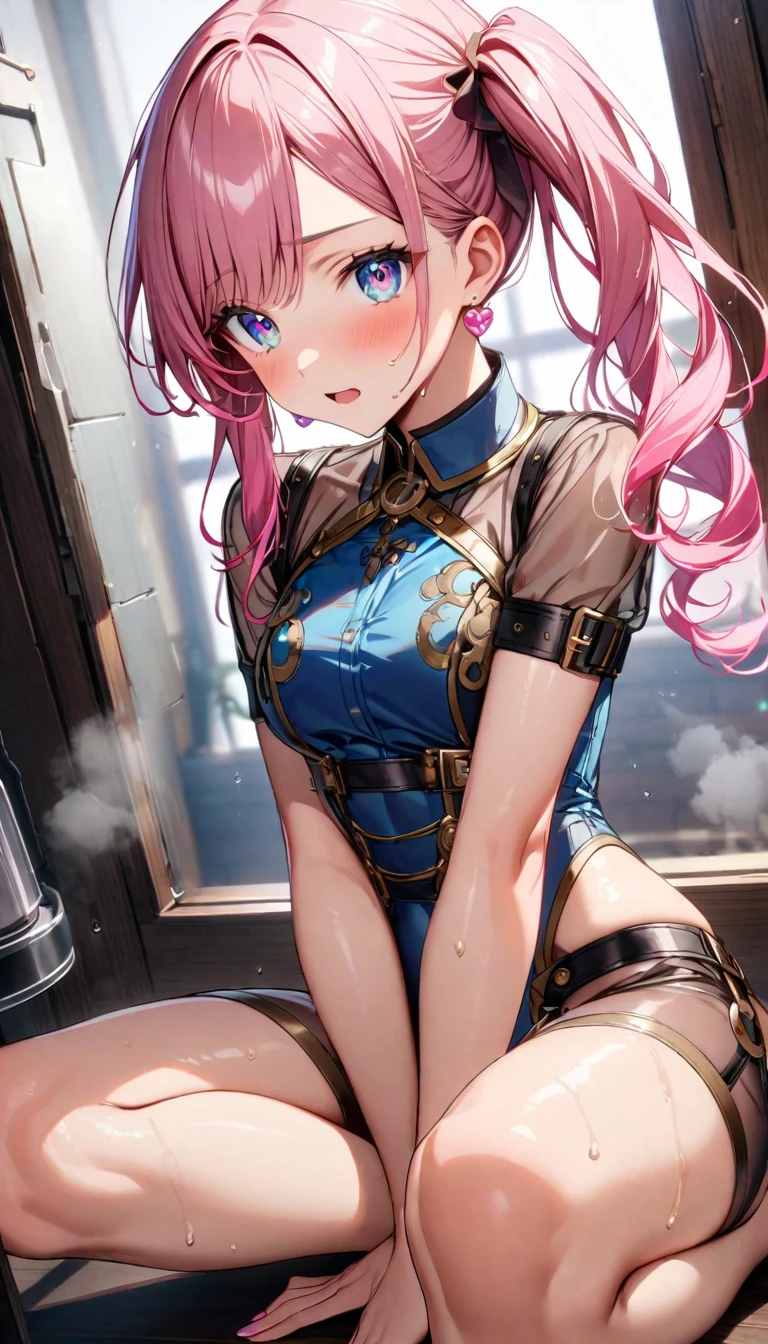 (masterpiece)1 girl, Sangonomiya Kokomi, Genshin Impact, best quality, expressive eyes, perfect face, upper Big body, smile, blush, Wearing Golden Latex Catsuit, indoors, day, simple background, Laying in Bed, looking horny, Bright sky, looking at viewer, stairs, moody lighting