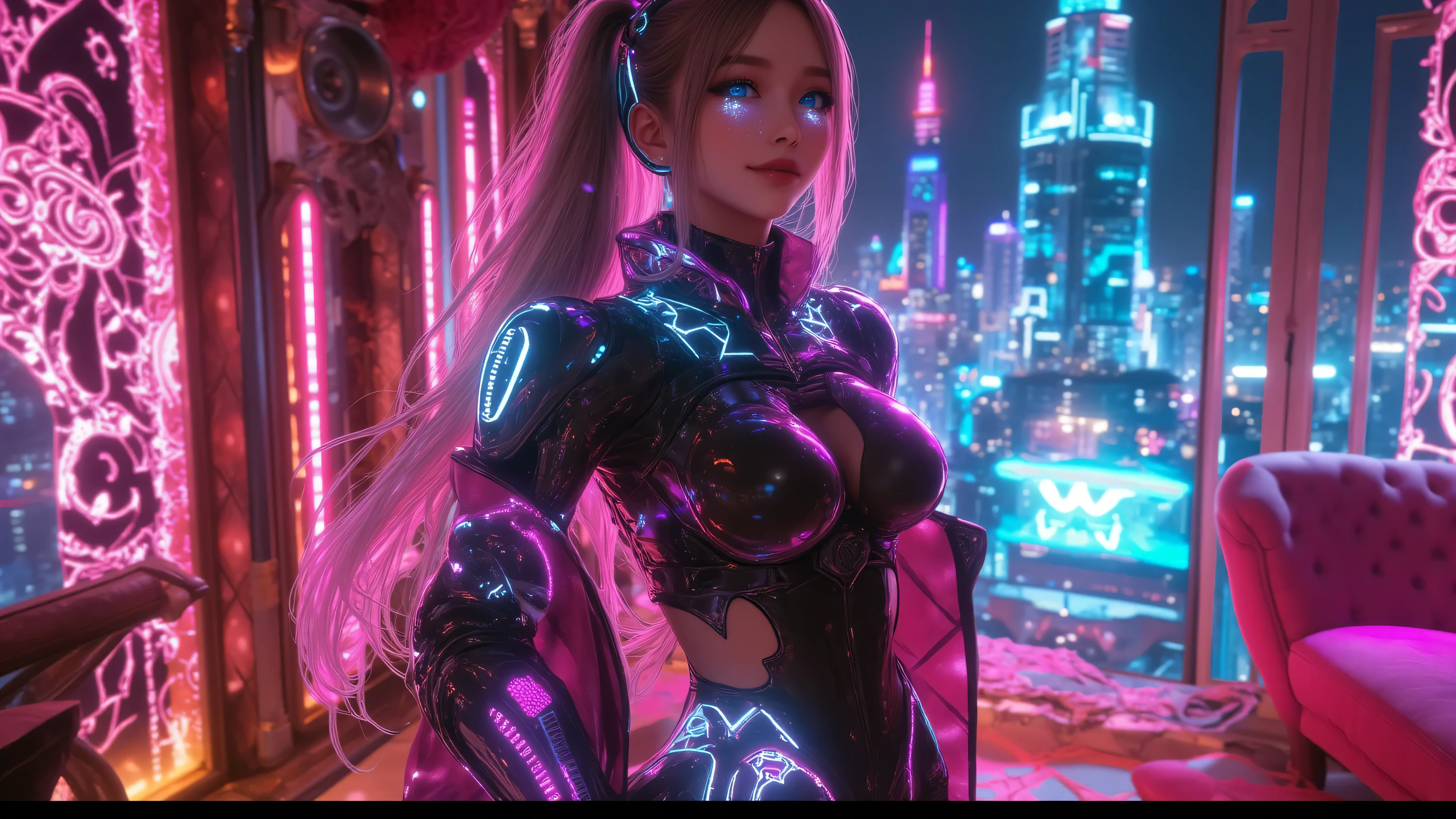 "Type of Image: Fan Art
Subject: Princess Zelda from the Legend of Zelda franchise reimagined in a cyberpunk world. Zelda is portrayed with her usual elegance but with an edge, she's wearing futuristic yet regal attire. Her dress and jewelry incorporate LEDs and neon lights, and she has neural-interface circuits running from her temples. She's holding a lightblade version of the Triforce. The backdrop is a high-tech Hyrule city, bathed in neon lights, with large digital screens displaying Hylian script.
Art Styles: Cyberpunk, Futuristic
Art Inspirations: Josan Gonzalez, Yoji Shinkawa."