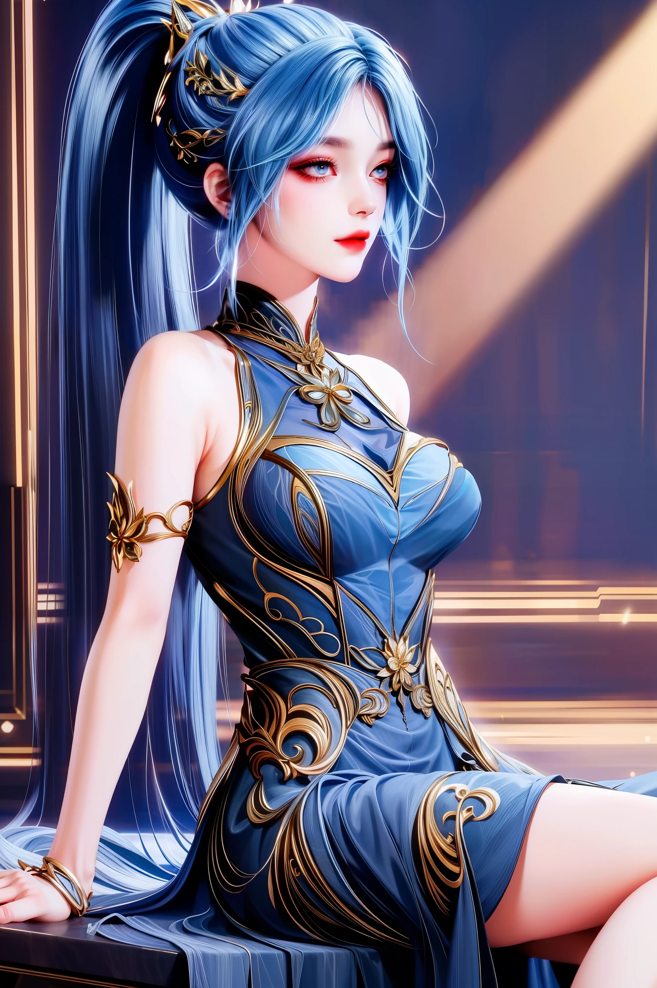 (masterpiece),(best quality:1.5),8k,absurdres,highres,
Xiaobai,1girl,solo, (short dress:1.3),breasts,closed mouth,(looking at viewer:1.5),long dress,pale skin,(side slit:1.2),
(sparkle:1.2),(glitter:1.1),(sunlight:1.2),slim legs,high heels,wind lift, (upper body:1.5), (sitting:1.5), (Bare shoulders:1.3), long hair,
blue eyes,
hair ornaments,
(blue hair),
upper body,
ponytail, braid, steel, lips,(Dark blue dress:1.3),