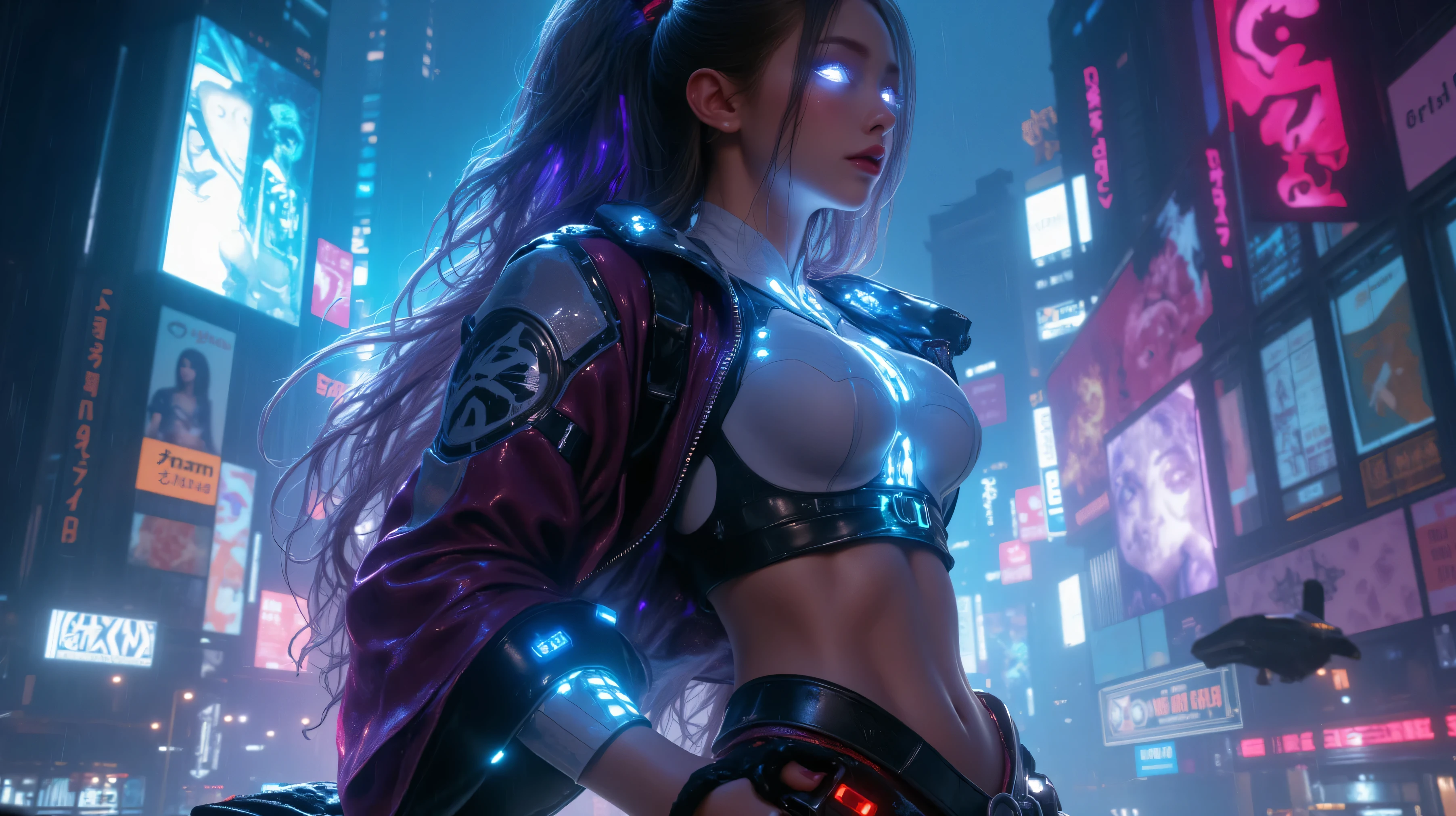 A full-body portrait of a futuristic cyberpunk woman standing in a neon-lit cityscape at night. She wears a sleek, high-tech bodysuit with glowing cybernetic implants and a stylish armored jacket. Her long hair flows with embedded LED strands, and her eyes glow with an augmented reality interface. She holds a futuristic weapon or holographic interface in her hand, exuding confidence and power. The background features a dense, rain-soaked metropolis with towering holographic billboards, flying vehicles, and neon reflections on wet streets. The scene is ultra-detailed, with cinematic lighting, a strong sci-fi atmosphere, and a blend of high-tech and gritty urban aesthetics.