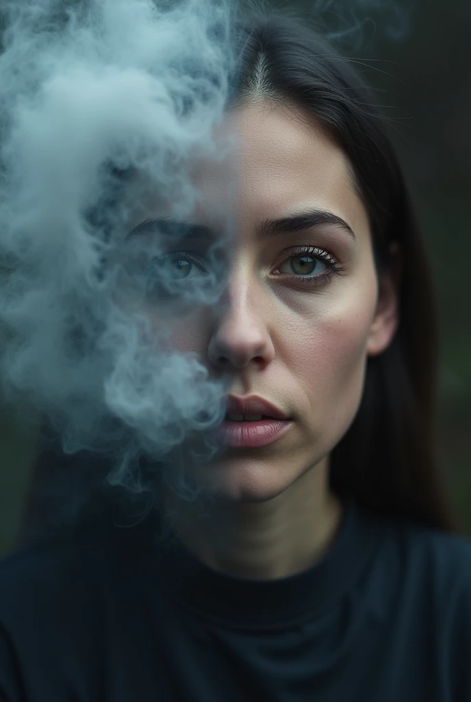 there is a woman who is holding a camera in her mouth, smoke coming out of his mouth, estilo de carbono alterado, intense smoke, fotografia de uma mulher techwear, with smoke, in front of smoke behind, smoke effects, gritty realistic smoke, blowing smoke, smoke filled room, underwater smoke, hyperrealistic smoke, mulher fumando, smoke and gas, smoke from mouth