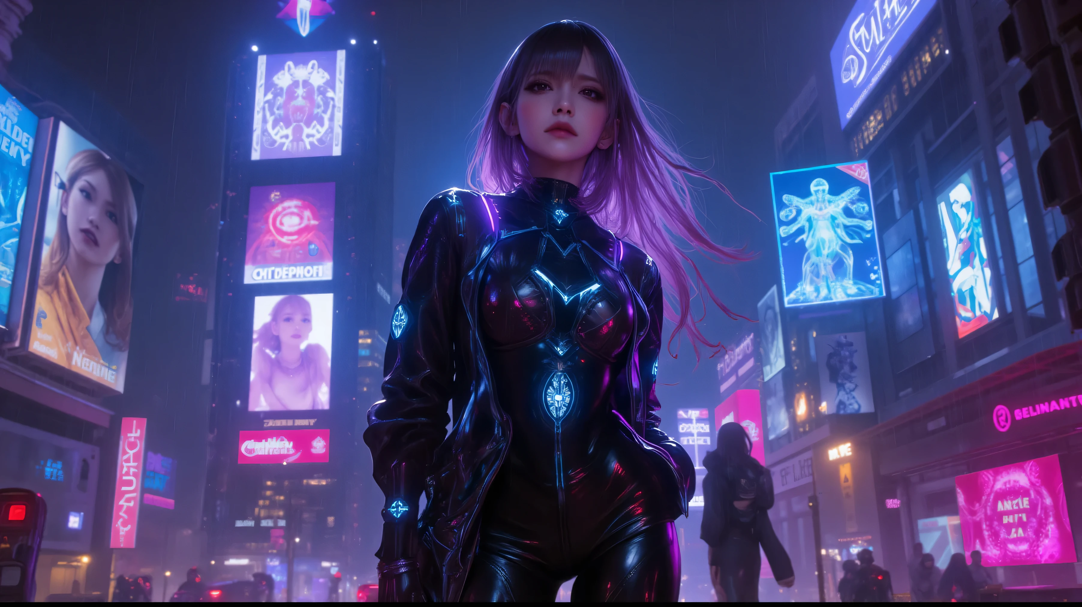A full-body portrait of a futuristic cyberpunk woman standing in a neon-lit cityscape at night. She wears a sleek, high-tech bodysuit with glowing cybernetic implants and a stylish armored jacket. Her long hair flows with embedded LED strands, and her eyes glow with an augmented reality interface. She holds a futuristic weapon or holographic interface in her hand, exuding confidence and power. The background features a dense, rain-soaked metropolis with towering holographic billboards, flying vehicles, and neon reflections on wet streets. The scene is ultra-detailed, with cinematic lighting, a strong sci-fi atmosphere, and a blend of high-tech and gritty urban aesthetics.