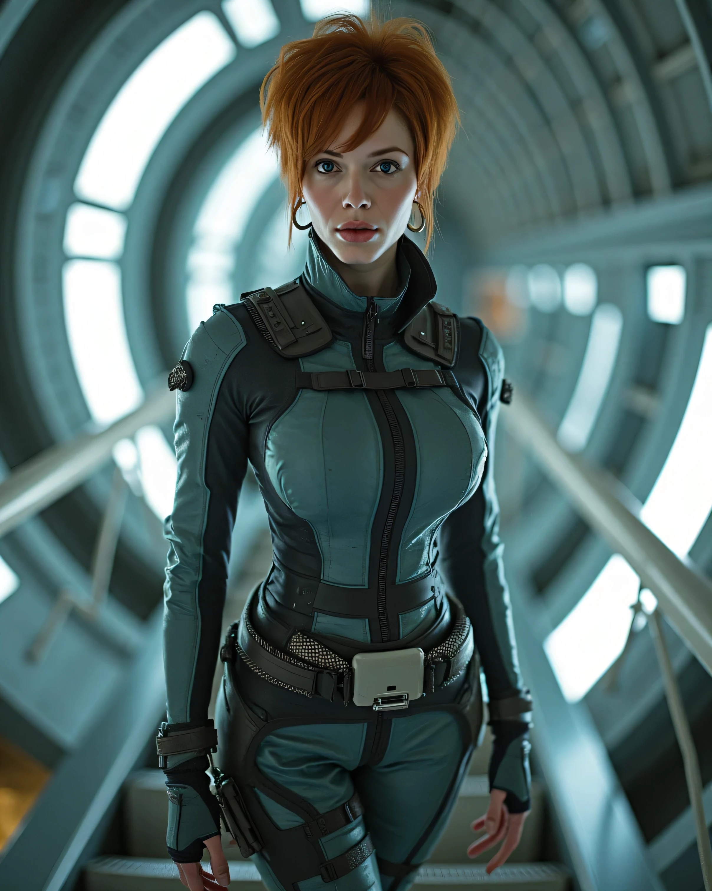 wide angle, high angle, Unique Female Character, a beautiful space explorer woman, subject is standing in the stairway of a spaceship corridor, looking up at the viewer, woman has auburn hair in a pixie style, hoop earrings, modeling pose, fit and feminine, form fitted space uniform finished with mesh material at the joints, wearing a utility waist belt with holster,