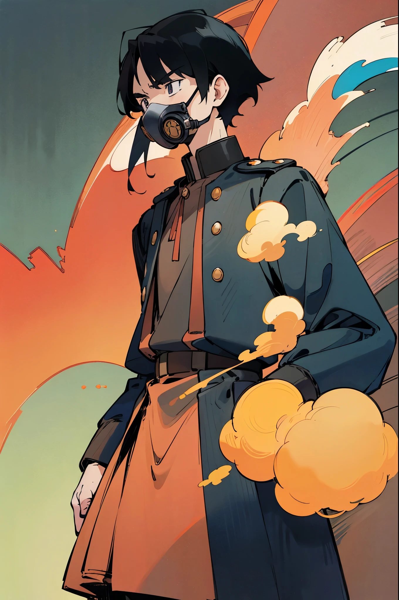 by Ken Sugimori, sugimori 1990s, ((only 1 man)), full-face gas mask, navy colored military uniform, gold epaulets, scowling ((hands behind their back)), full black pupils, manga, best quality, highly detailed, clean lines, cowboy shot, good hands, good eyes, hd, 8k, professional, symmetrical, hires, 8k,