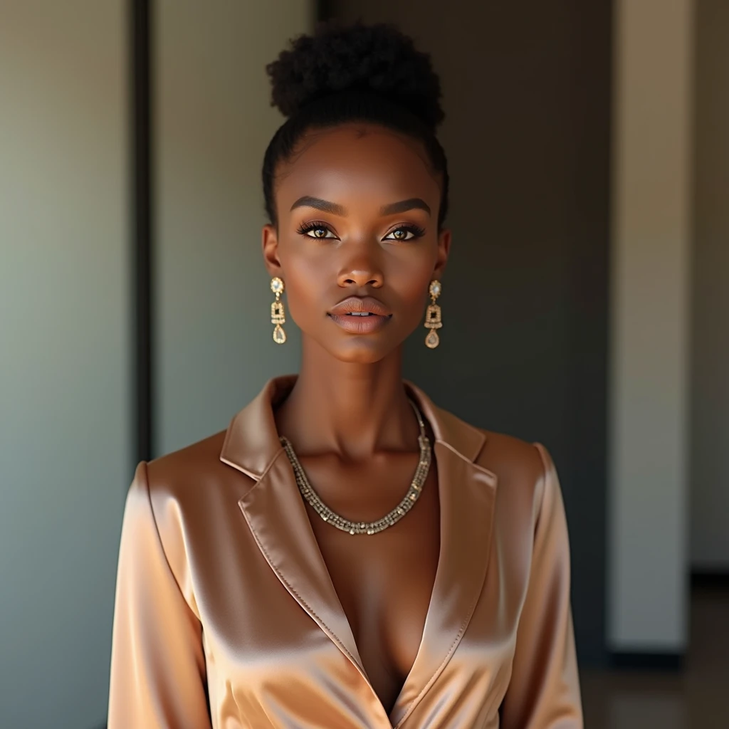 A African Girl of mixed white and black ethnicity, A warm and soft moon night image, room with soft, golden lighting, featuring a portrait-style setting, where  which shows through in her honey brown skin tone, in her mid-20's, with a slim, athletic body build, heart-shaped face, adorned with dark brown peppered with blonde highlights, shoulder-length hair and subtle, warm undertones to her smooth, almond-colored skin, her eyebrows gently furrowed, and her full lips curled up into a gentle, reassuring smile, conveying a sense of calm and trustworthiness.
