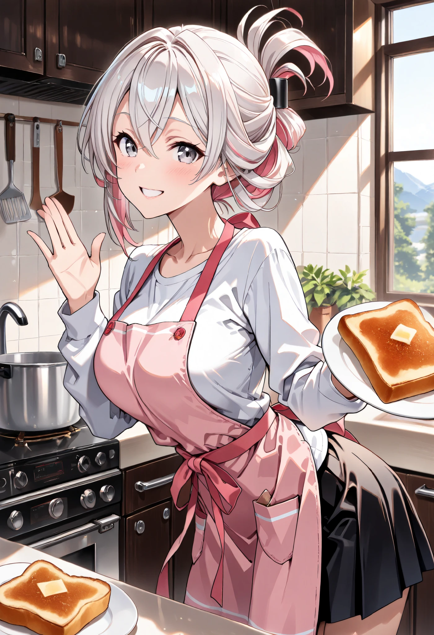 (masterpiece, best quality, extremely detailed, absurdres, very aesthetic), a japanese cute sexy girl with silvery white hair in an intricate asymmetrical updo. The back of her hair is short and bunched high with the ends fanning out. The left side of her hair frames her face with long, loose strands, while the right side of her hair is loosely swept back over her ears and bunched together with the back hair, creating a slightly unbalanced but elegant look. A high, luxurious hair accessory on top adds a unique and fashionable touch to the hairstyle. Her hair catches the light and gives off a shiny, metallic shine. BREAK silver eyes, bang between eyes, large breasts, 18yo, (wearing botanical pink apron, wearing white T-shirts under the apron, long sleeves, wearing black skirt), smile, happy, cheers, morning, daylight, sunshine, kitchen, scenery, holding a plate of a plane toast, standing near the ketchen,