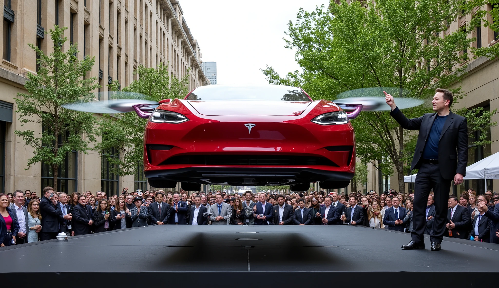This is a highly detailed photograph taken with professional equipment. The scene is set outdoors, flanked by buildings with beige stone walls and large windows. A car, a Tesla Model S, is large, red, sleek and futuristic in design, floating in the air above a black stage. The car has two sets of rotors, one in the front and one in the back, which are in motion, creating a blurring effect indicating high speed. The front of the car has a prominent Tesla logo and a distinctive, smooth, curved shape.
On stage, Elon Musk, in a black suit and a dark blue shirt, stands confidently, his right arm extended upward, pointing at the car in the air. Elon Musk is smiling. Around the stage are a crowd of people, including men and women in business attire, some holding cameras or smartphones, suggesting a press conference or presentation.
In the background are many trees, adding a touch of natural greenery to the modern urban setting. The overall atmosphere is one of excitement and innovation, highlighting cutting-edge automotive technology.