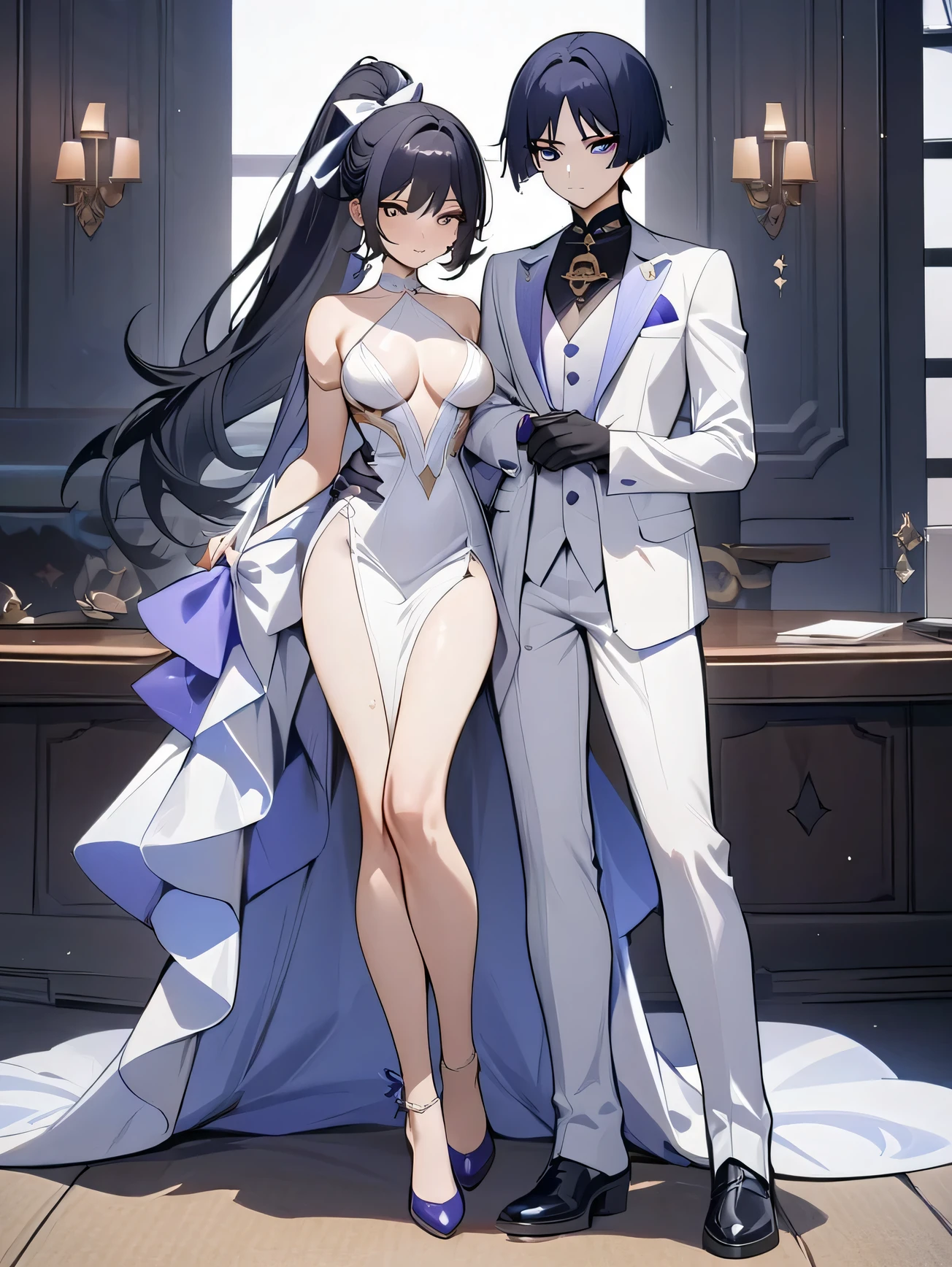 Genshin impact style, 1 girl, black hair, ponytail, hair ribbon, brown eyes, full body, sexy dress, 1 boy, Scaramouche, white suit, best anatomy, masterpiece, best quality, High Resolution, couple